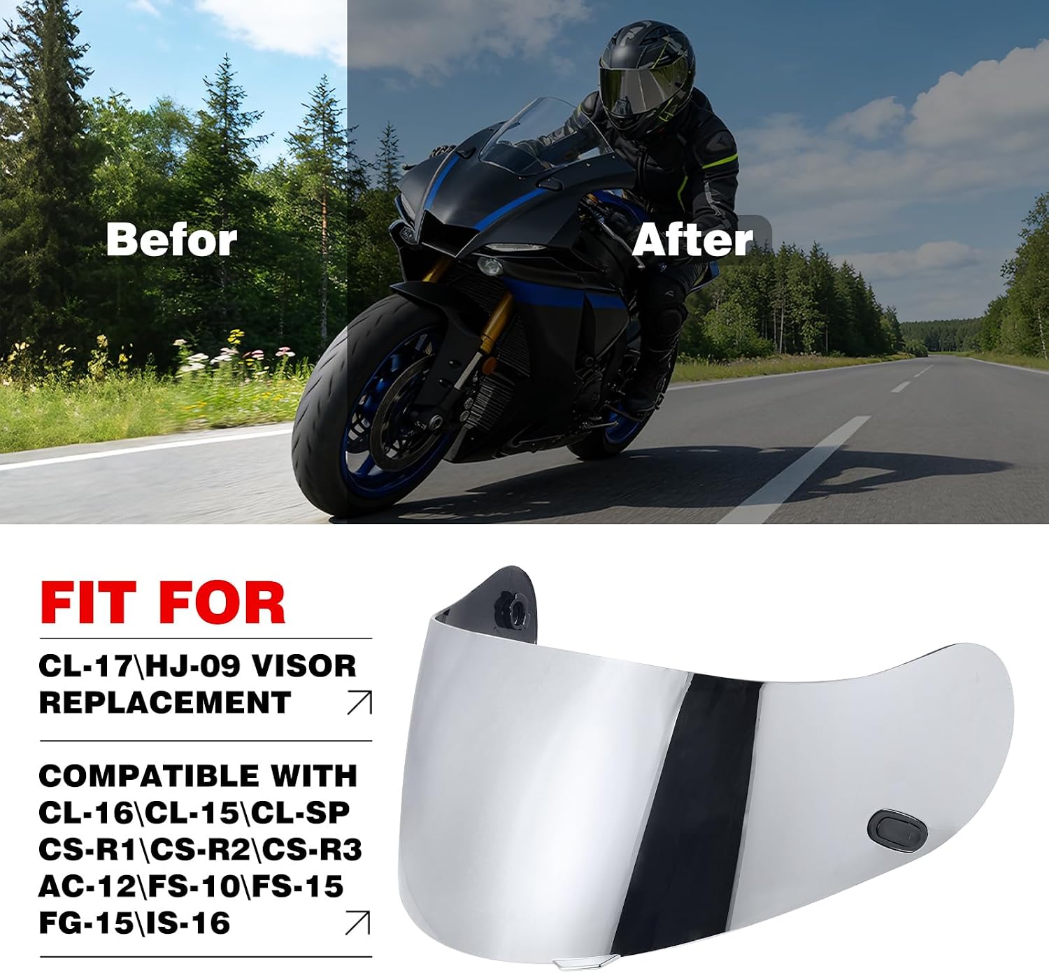 VCOROS Motorcycle Helmet Face Shield Visor Repalcement for HJ-09 CL-15 CL-17 CL-16 CL-SP AC-12 FS-10 CS-R1 IS-16 CS-R2 Shield (Smoke)