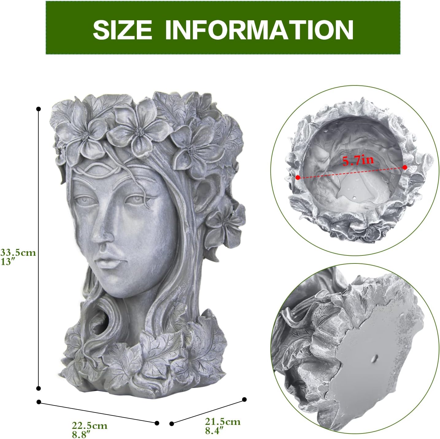 Sungmor Creative Goddess Head Planter Statue for Garden Ornaments | 9×9×14 Inch Premium Resin | Cool Face Large Diameter Flower Pot for Patio Lawn