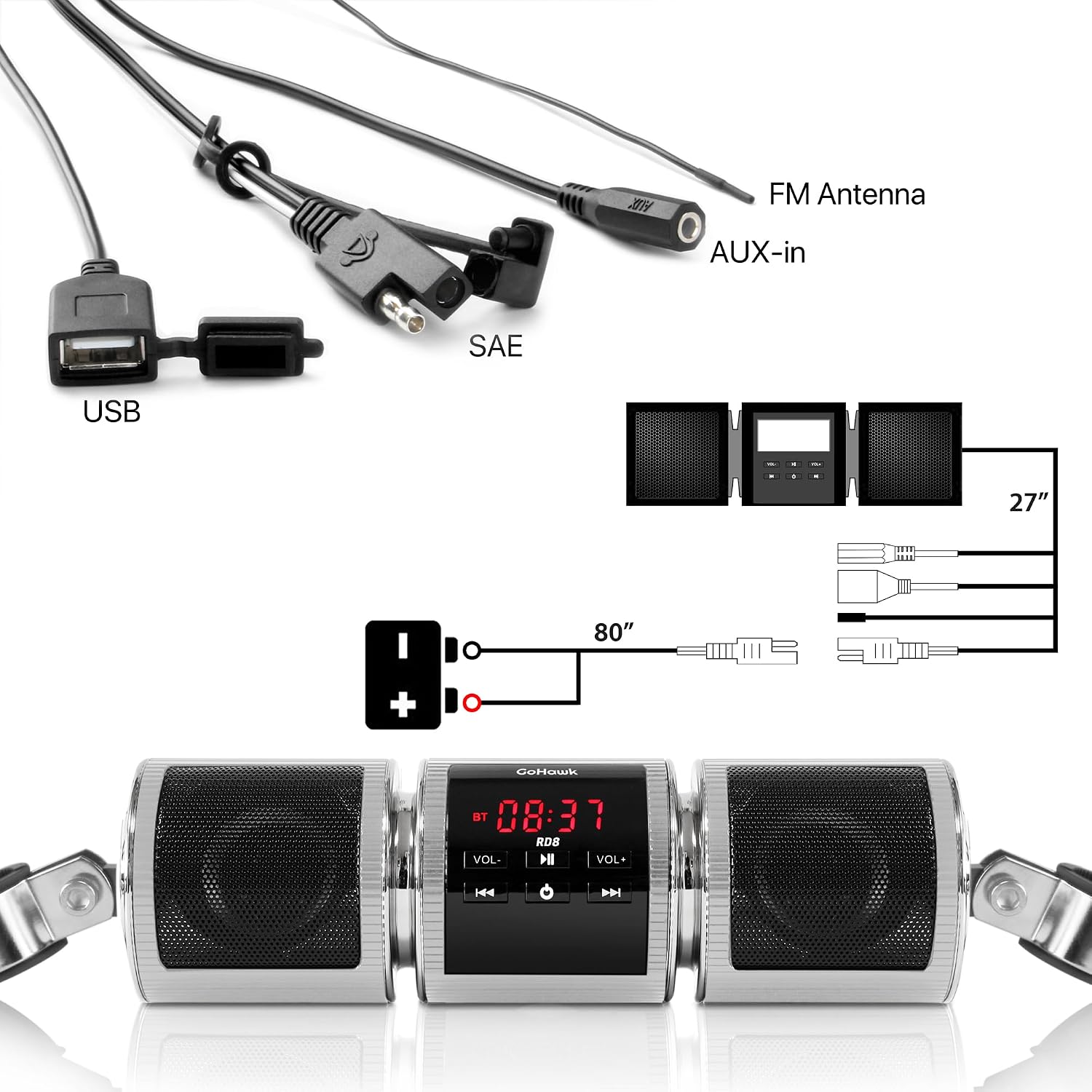 GoHawk Motorcycle Bluetooth Speakers, Waterproof Radio Audio System | Built-in Amplifier, FM Radio, AUX Input, USB, Great for ATV, Scooter Bike