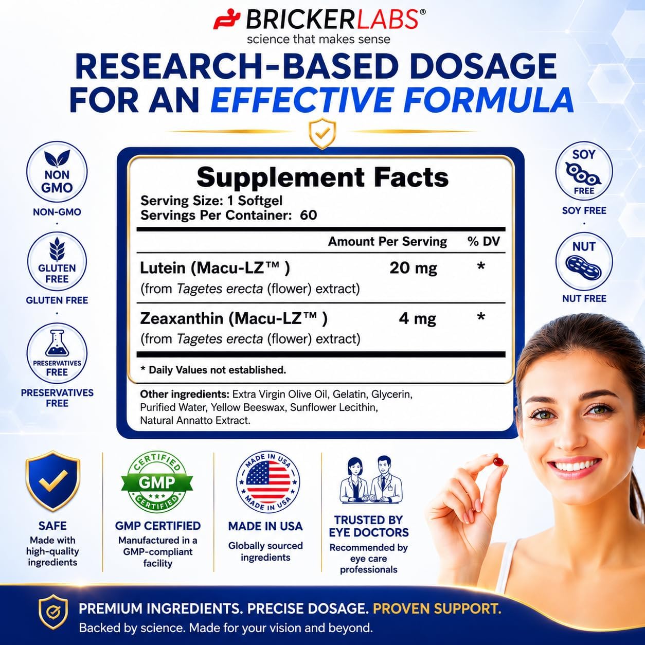 Bricker Labs Natural Lutein + Zeaxanthin Eye Supplement – Supports Eye, Brain, and Skin Health with Macular Carotenoids, Superior Bioavailability