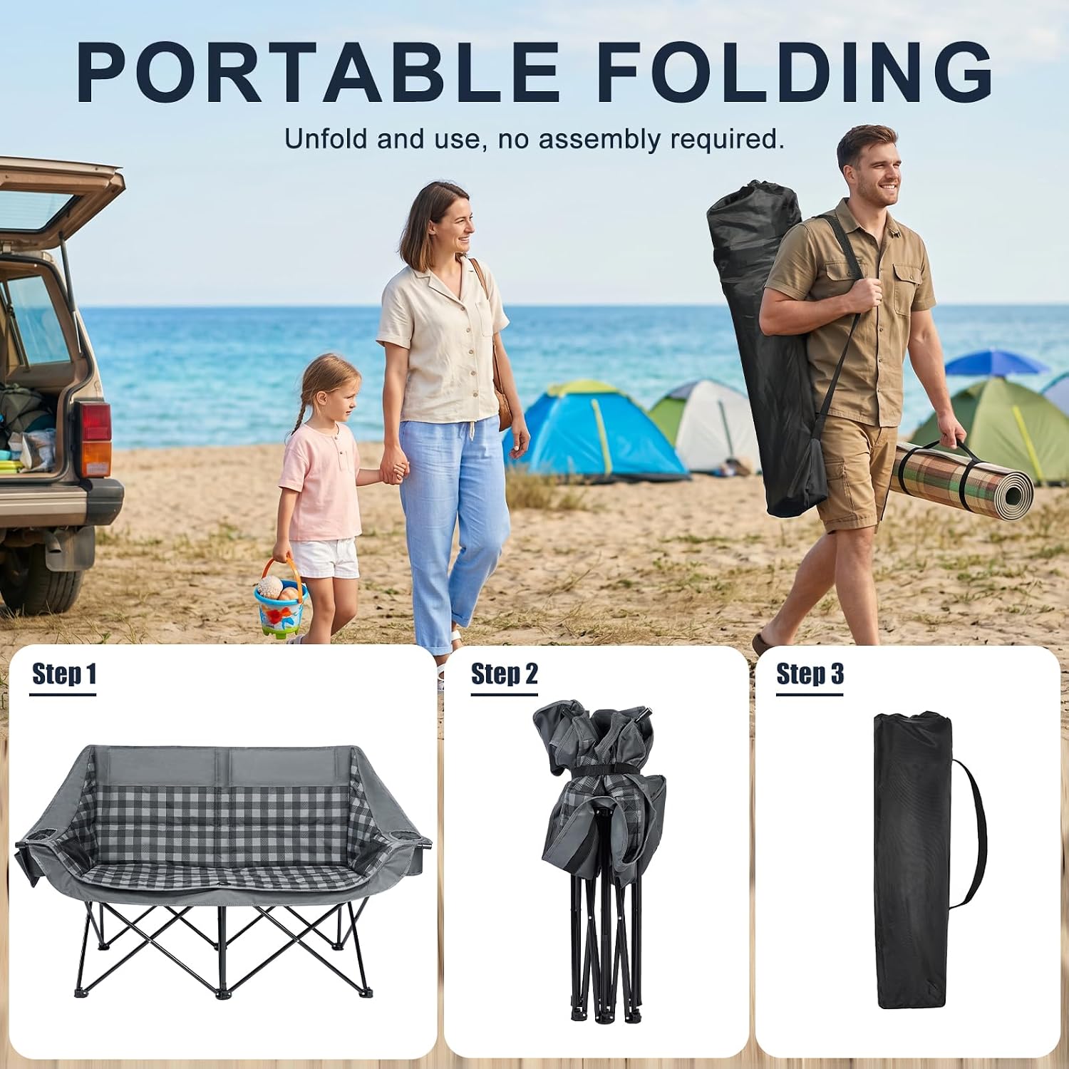 Oversized Camping Chairs for Adult - Heavy Duty Padded Portable Folding Chair XL Collapsible Camp Chair with Cup Holder Side Pocket for Outdoor Lawn Beach Sport Fishing Support 500LBS, Grey