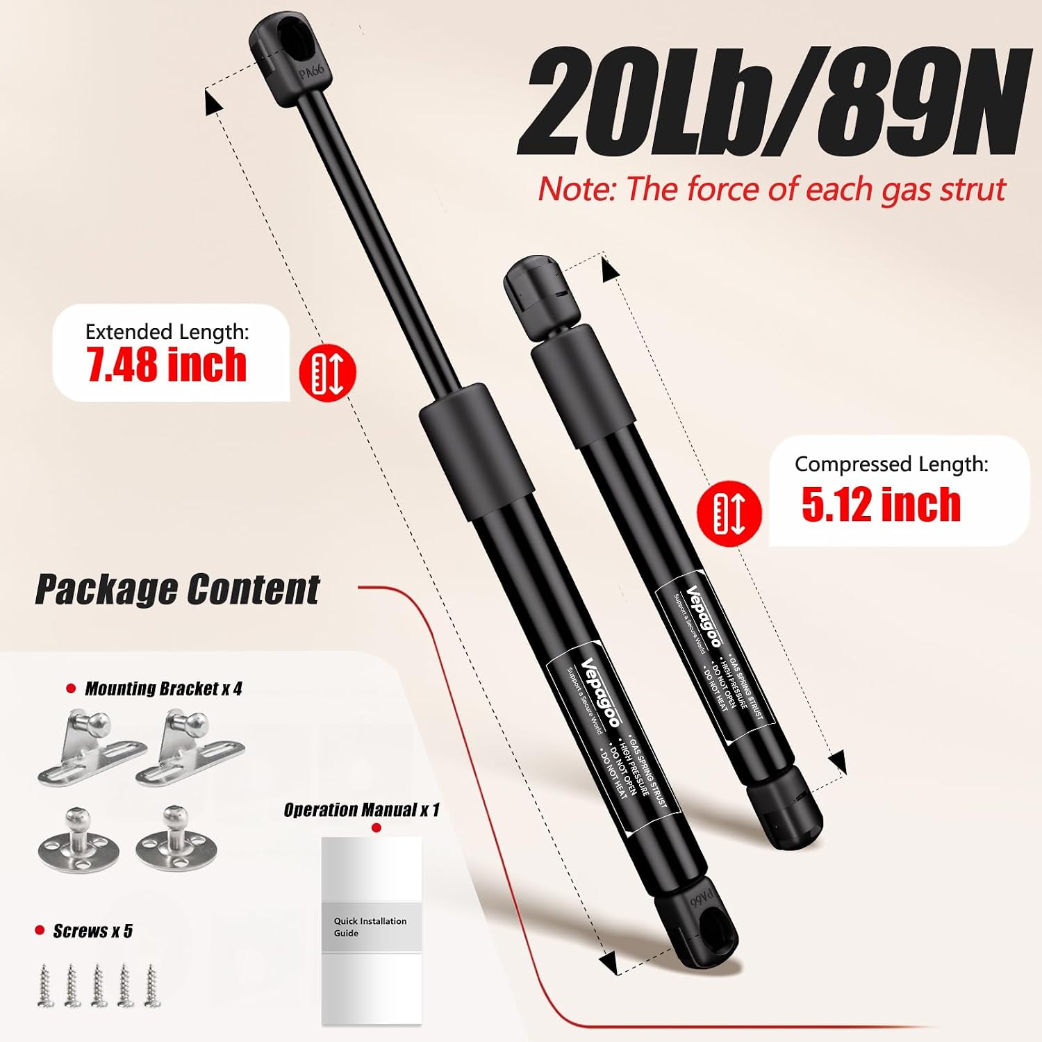 Vepagoo ML99-45 10 inch 45 lb Gas Struts for Truck Tool Box Lid, 2Pcs