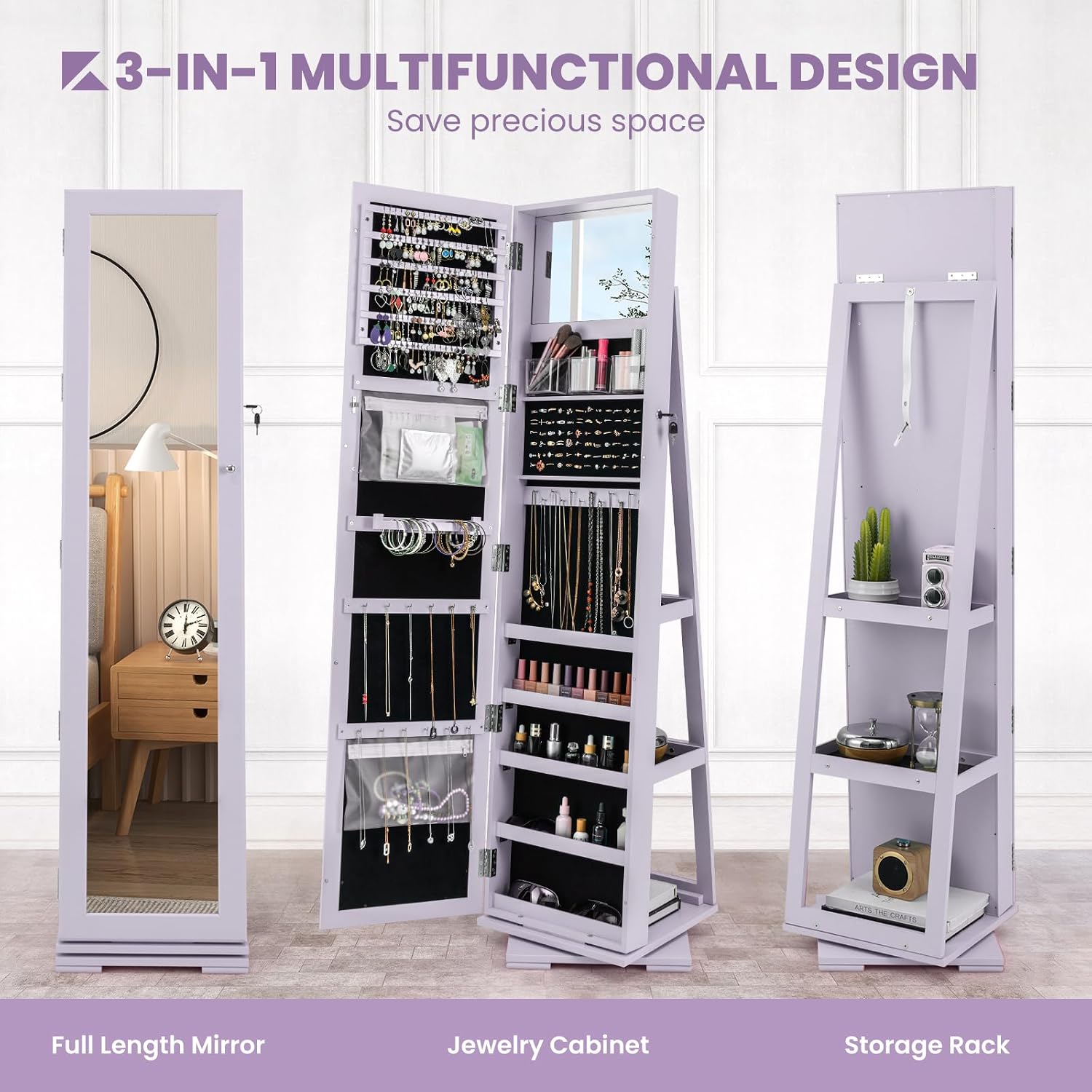 CHARMAID 360° Swivel Jewelry Armoire with Higher Full Length Mirror, Standing Lockable Jewelry Cabinet Organizer with Large Storage Capacity
