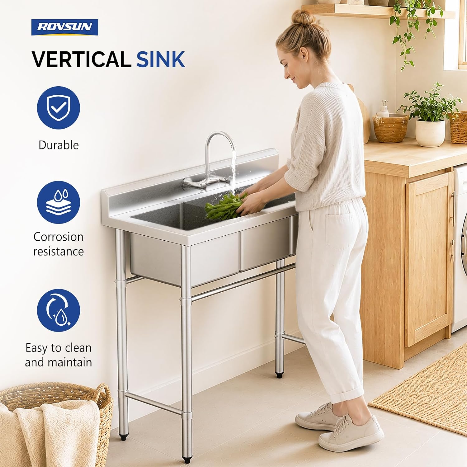 Bonnlo 3-Compartment NSF 304 Stainless Steel Utility Sink Commercial Grade Laundry Tub Culinary Sink for Outdoor Indoor, Garage, Restaurant, Kitchen