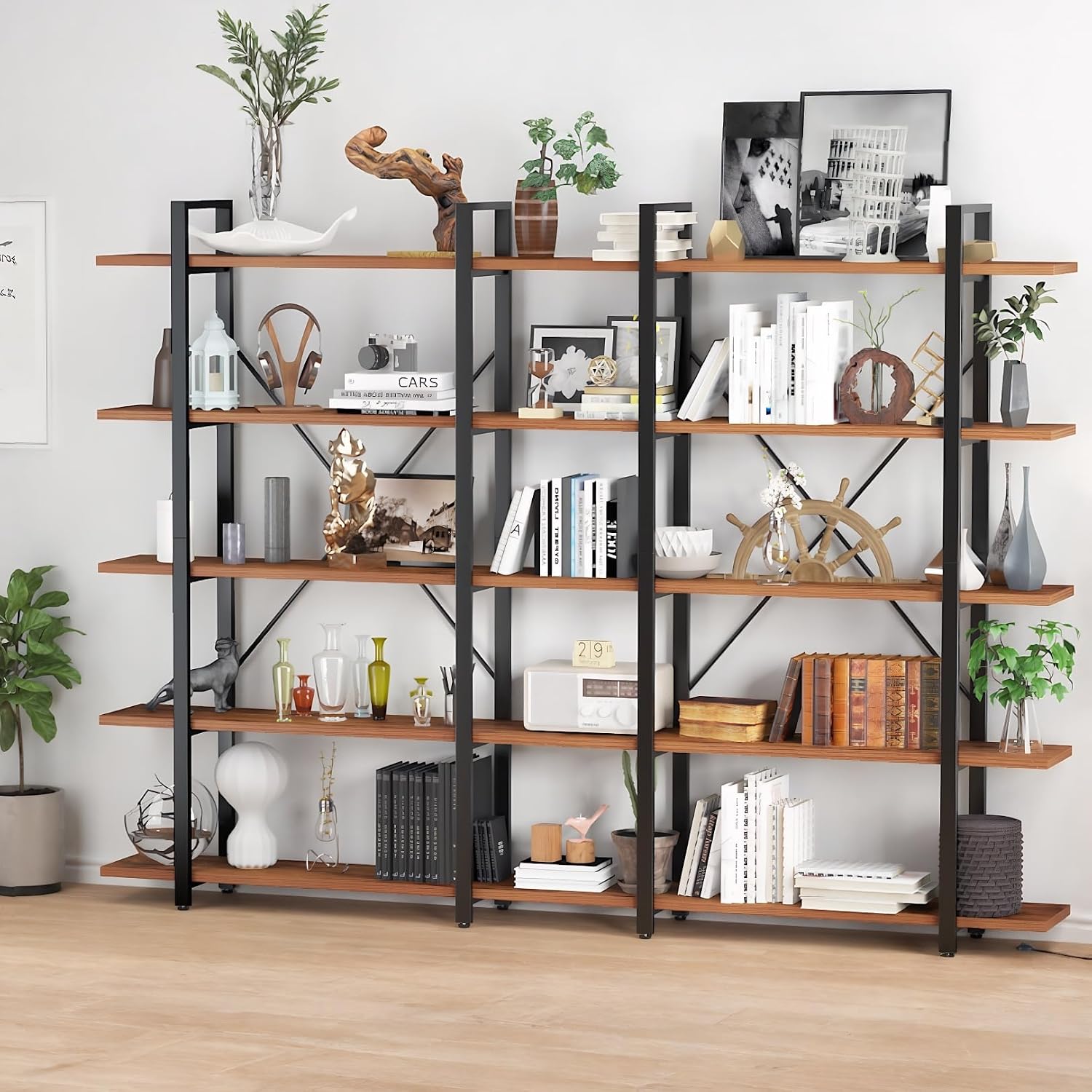 BATHWA Wood and Metal Minimalist 5 Tier Bookshelf, 6 feet Tall Open Rustic Wide Bookcase Industrial Style