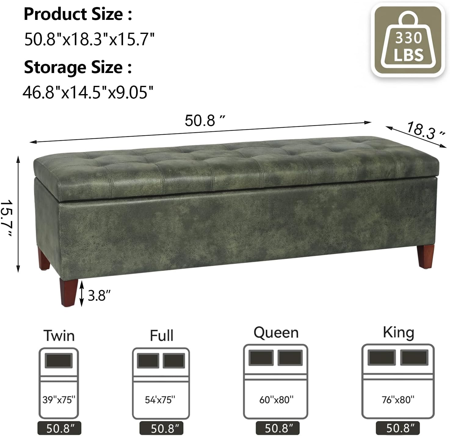 51 Inch Storage Bench,Leather Tufted Storage Ottoman with Legs | Safety Hinges,Wooden Legs,Upholstered,End of Bed,Bedroom,Living Room,Entryway,330LBS,Brown
