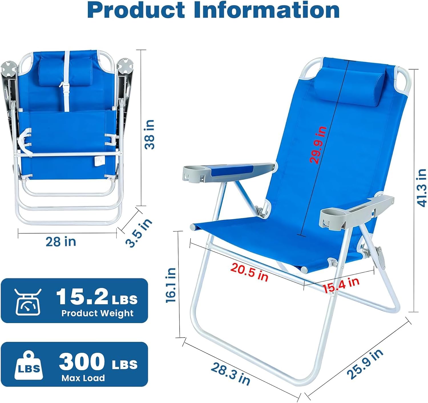 SUNNYFEEL Oversized Tall Folding Beach Chair Lightweight, 17" Portable Sand Chair for Adults Heavy Duty 500 LBS with Cup Holders