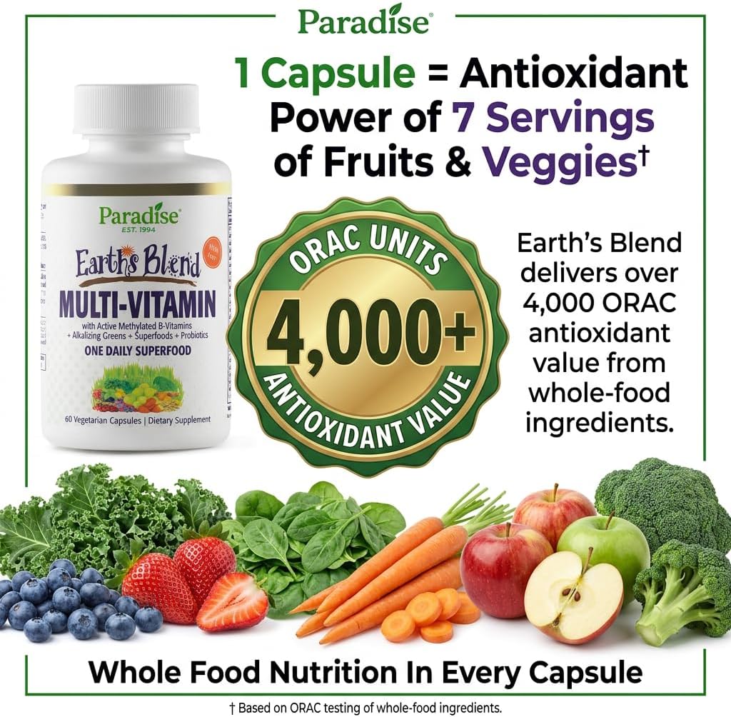 Paradise Herbs & Essentials Once Daily Multivitamin Iron 60 Capsules | Organic superfoods, probiotics, and vitamins A, B12, C, D, K2 in a dietary supplement for immune and bone support.