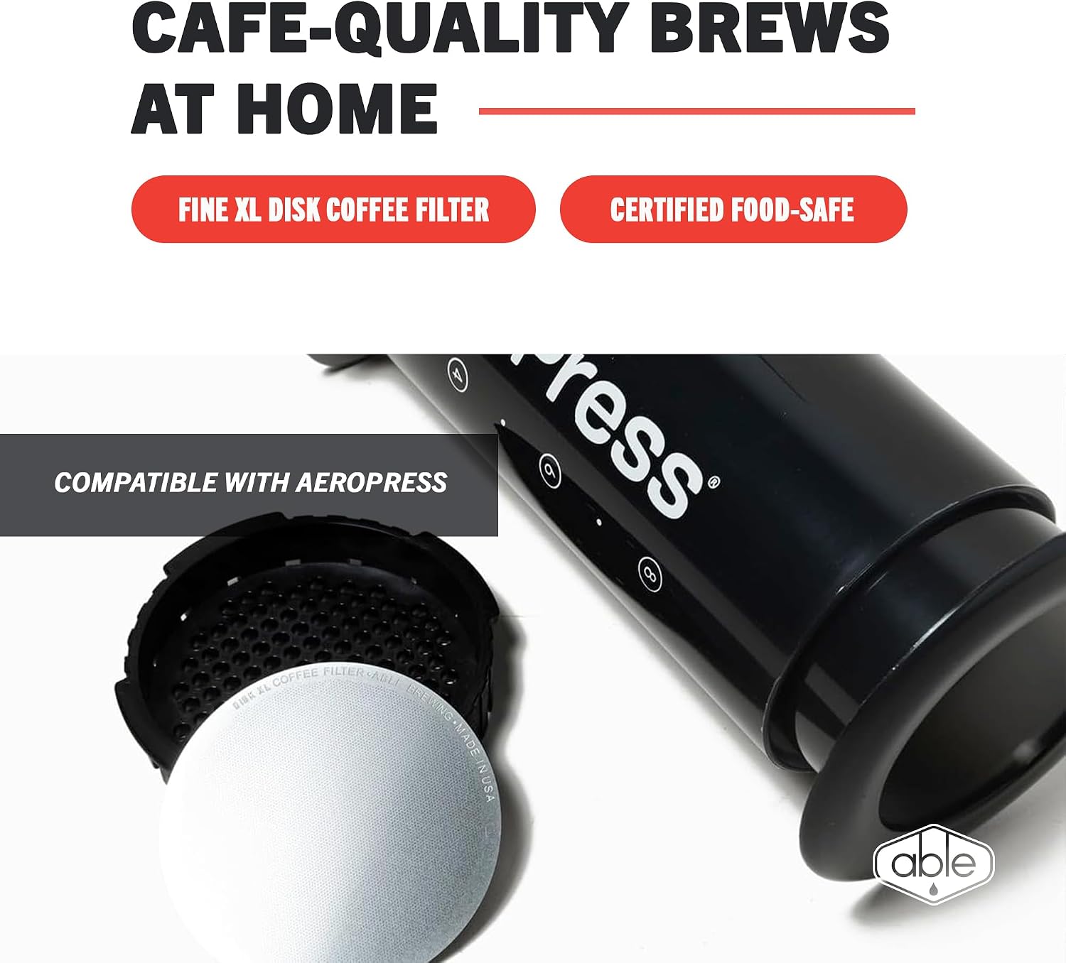 Able - DISK Stainless Steel Coffee Filter, AeroPress Coffee Maker-Compatible, AeroPress Accessories for Home & Cafes, 2.45” Reusable Coffee Filters (254-Micron Standard + 152-Micron Fine), Pack of 2