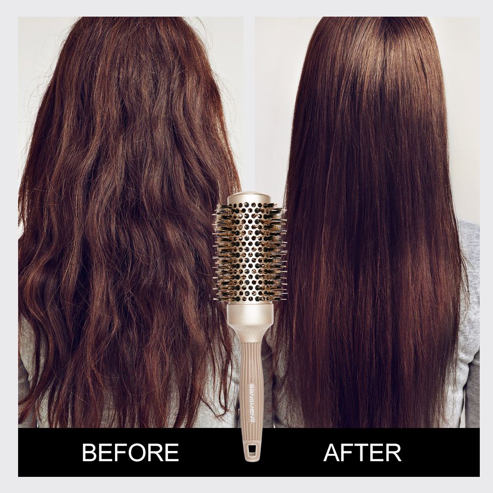 BANGMENG Round Brush with Boar Bristles, 1 inch Barrel, Nano Thermal Ceramic Ionic Tech for Straightening and Blow Drying, Gold