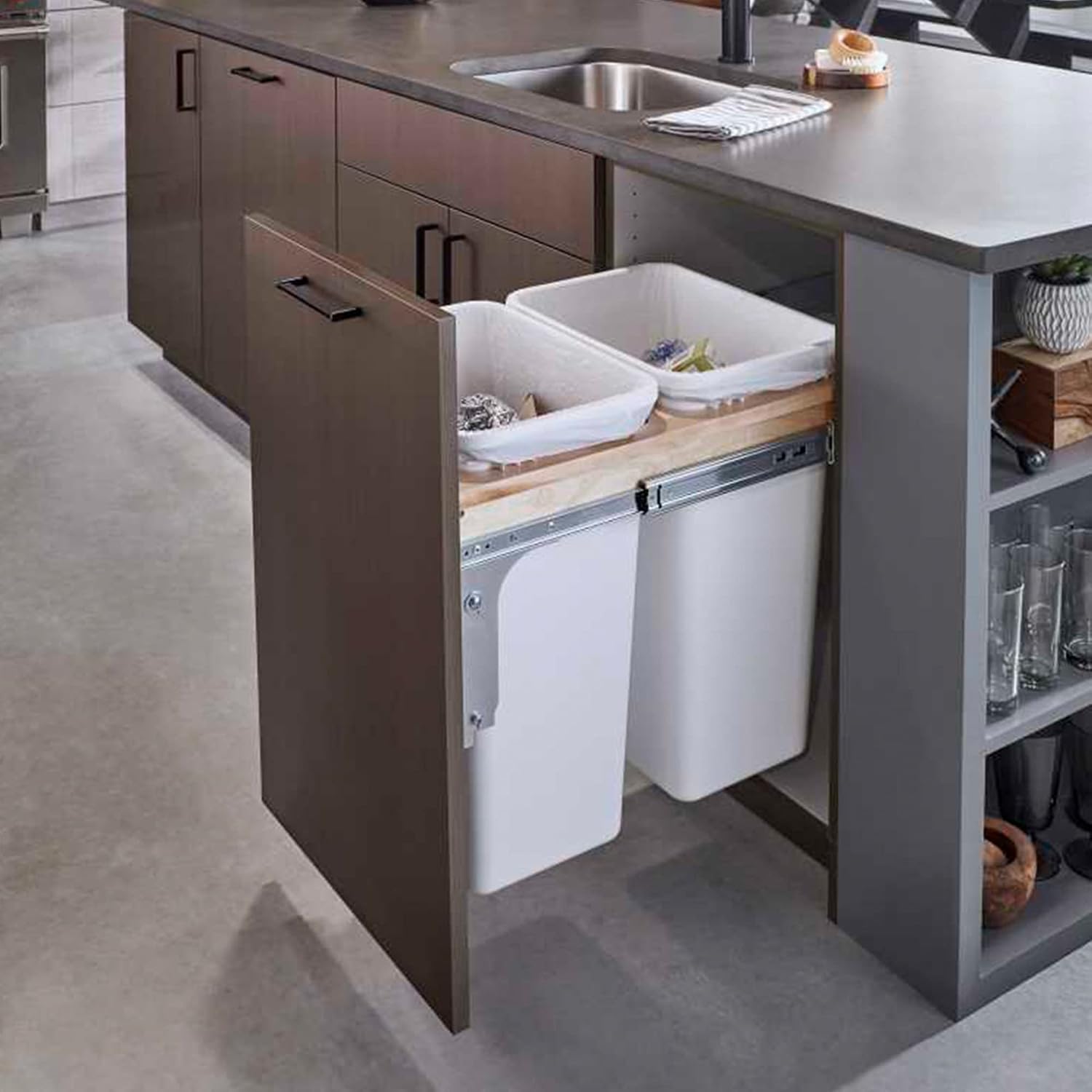 Rev-A-Shelf Top Mount Double Pullout Under Cabinet 35 Quart Kitchen Trash Cans, 150 Pound Rated Full-Extension Slides, 4WCTM-18DM2-419-FL