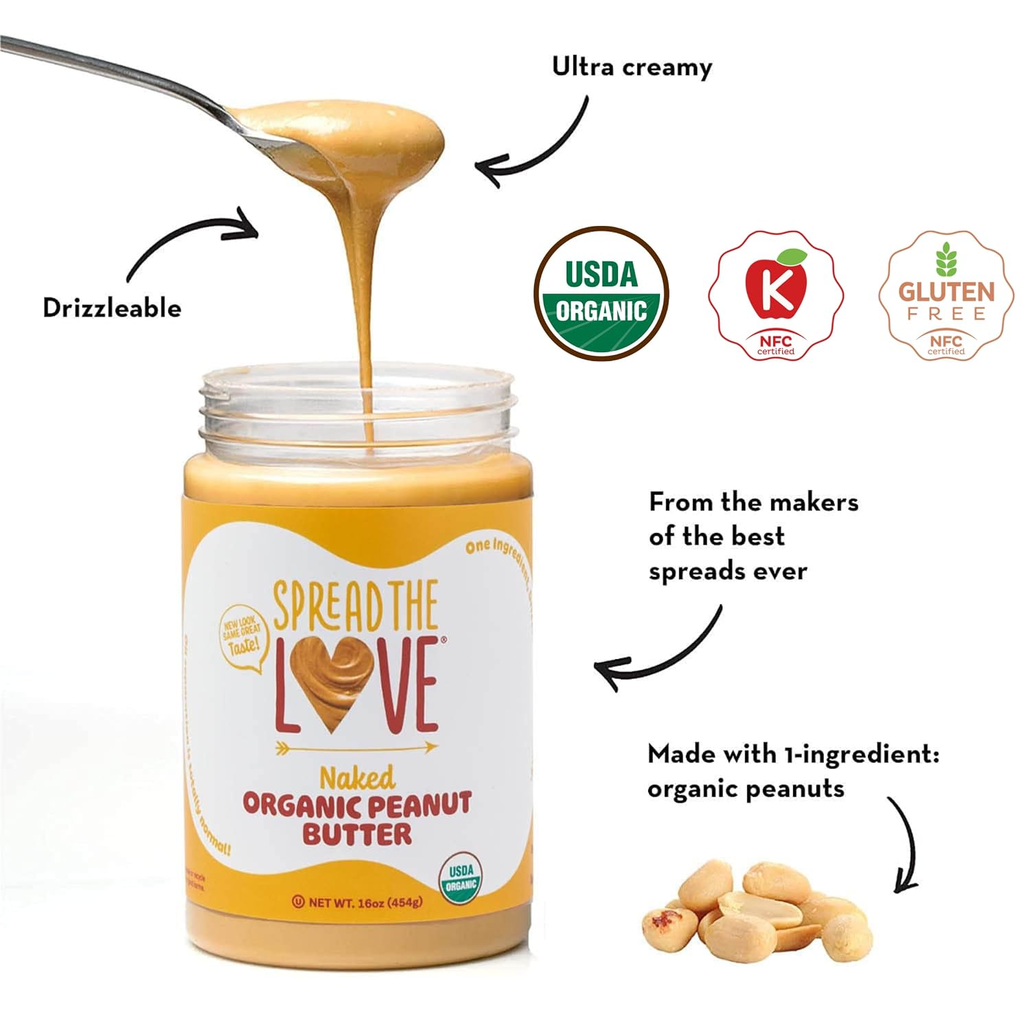 Spread The Love NAKED Organic Peanut Butter, 16 oz Jar, 1 Pack