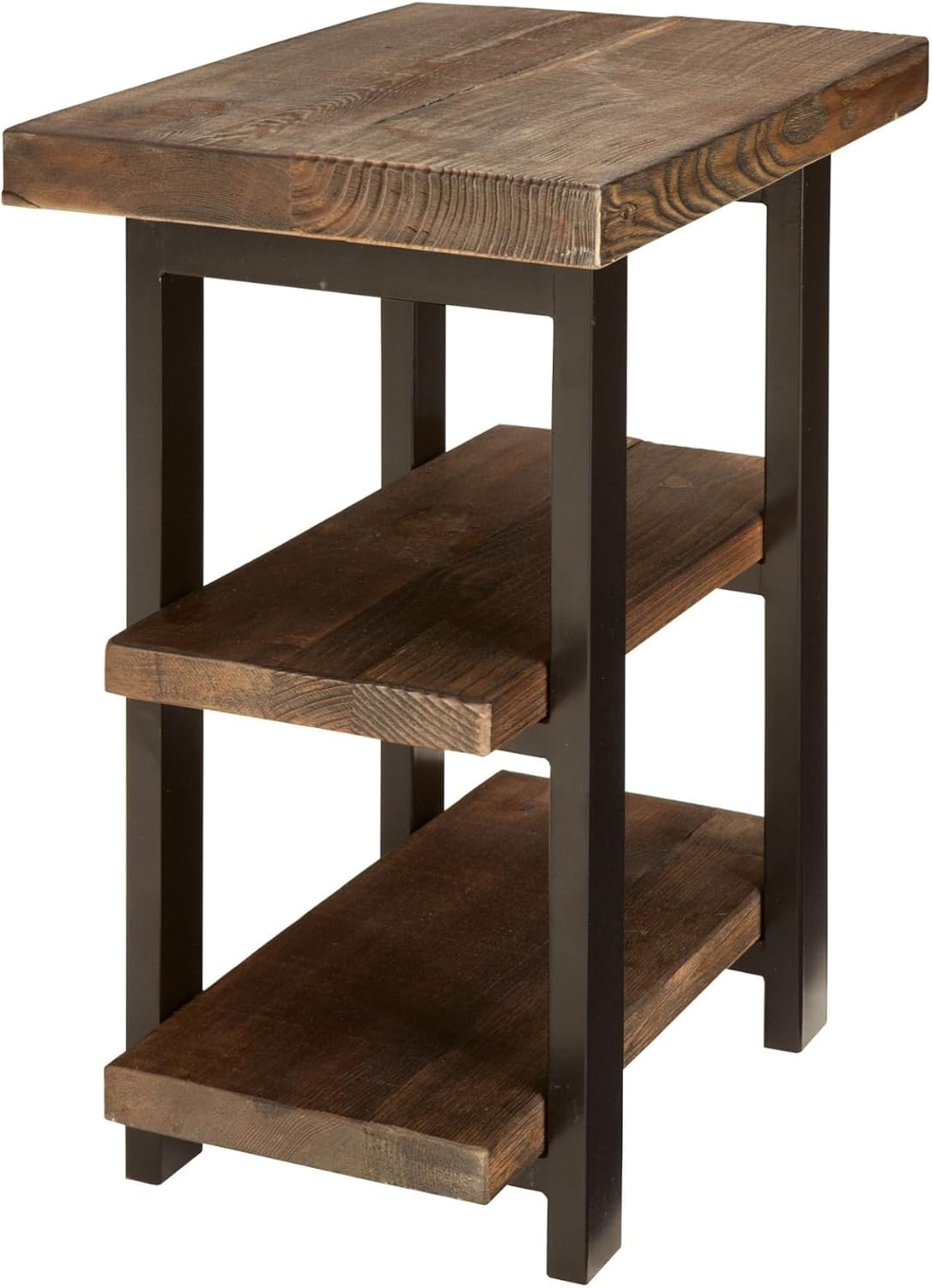 Alaterre Furniture Pomona Solid Wood 2-Tier End Table, Rustic Brown, 27” | Nightstand with Storage Shelf and Metal Legs, Industrial Farmhouse Chair Side Table for Living Room or Bedroom