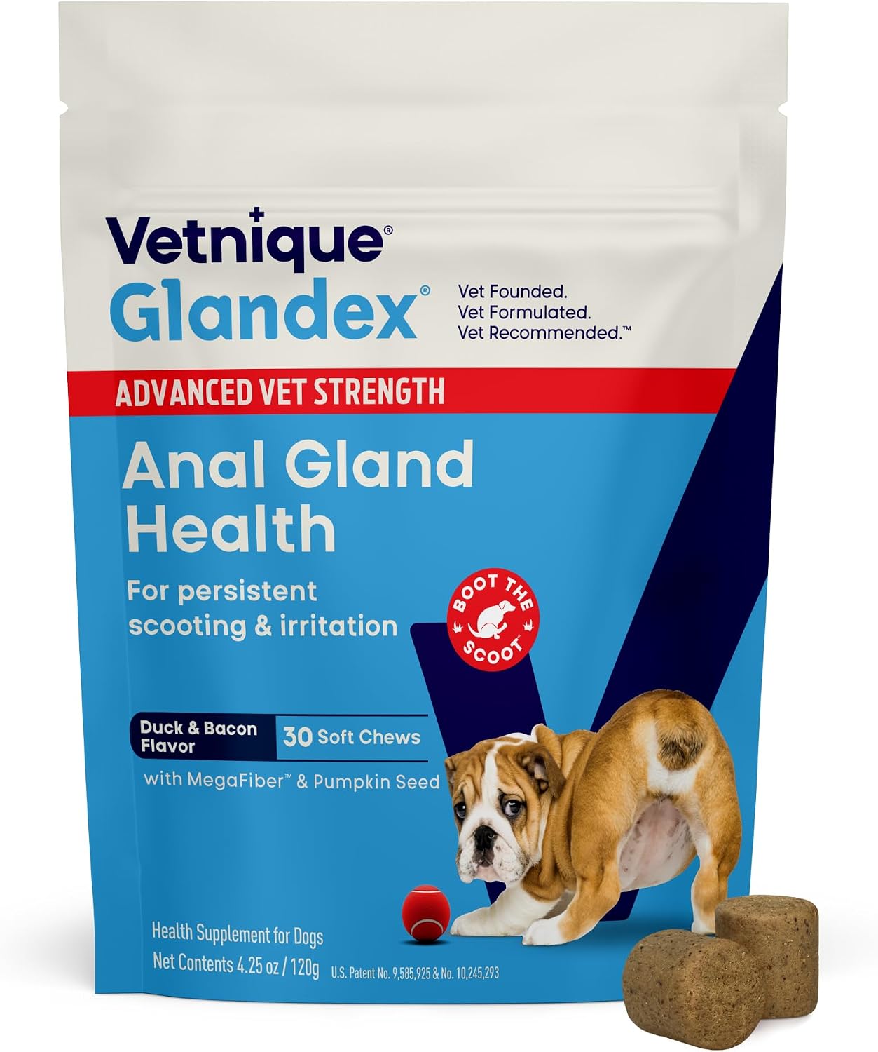 Vetnique Glandex for Dogs Anal Gland Chews 30ct, Pumpkin, Digestive Enzymes | Anal Gland Dog Treats, Boot the Scoot + Fishy Odor Support, Fiber, Probiotics, Quercetin + Apple Pectin, Peanut Butter