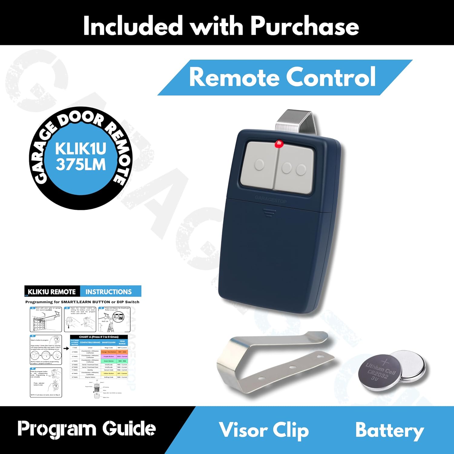 2X Universal Garage Door Opener Remote KLIK1U 375UT 375LM Garage Clicker