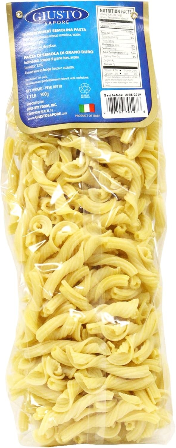 Giusto Sapore Italian Pasta - Caserecce 454g - Premium Organic Bronze Drawn Durum Wheat Semolina Gourmet Pasta Brand - Imported from Italy and Family Owned