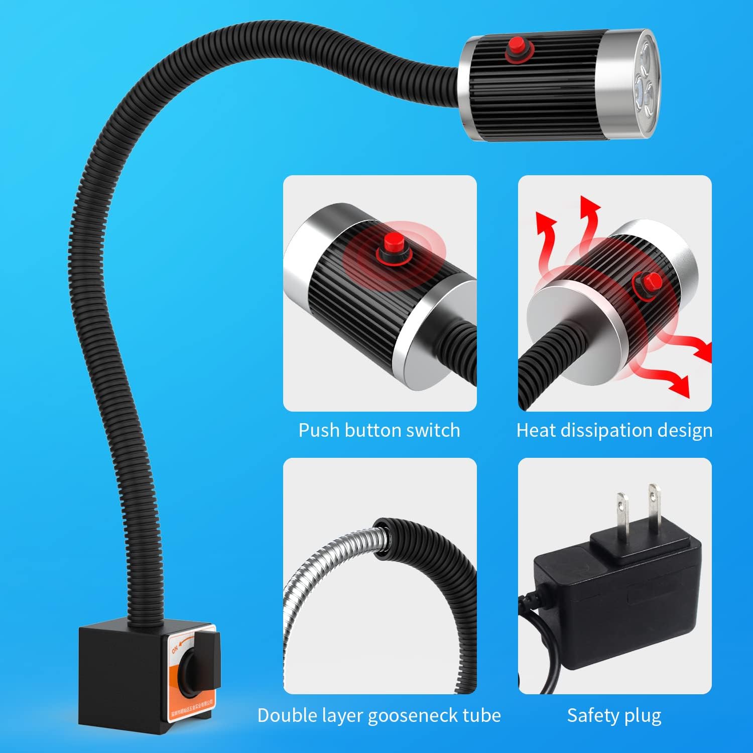 Magnetic Work Light, 9W Led Flexible Gooseneck with Adjustable Magnetic Base for Lathe Machine Milling Drill Press Workbench Industrial Lighting