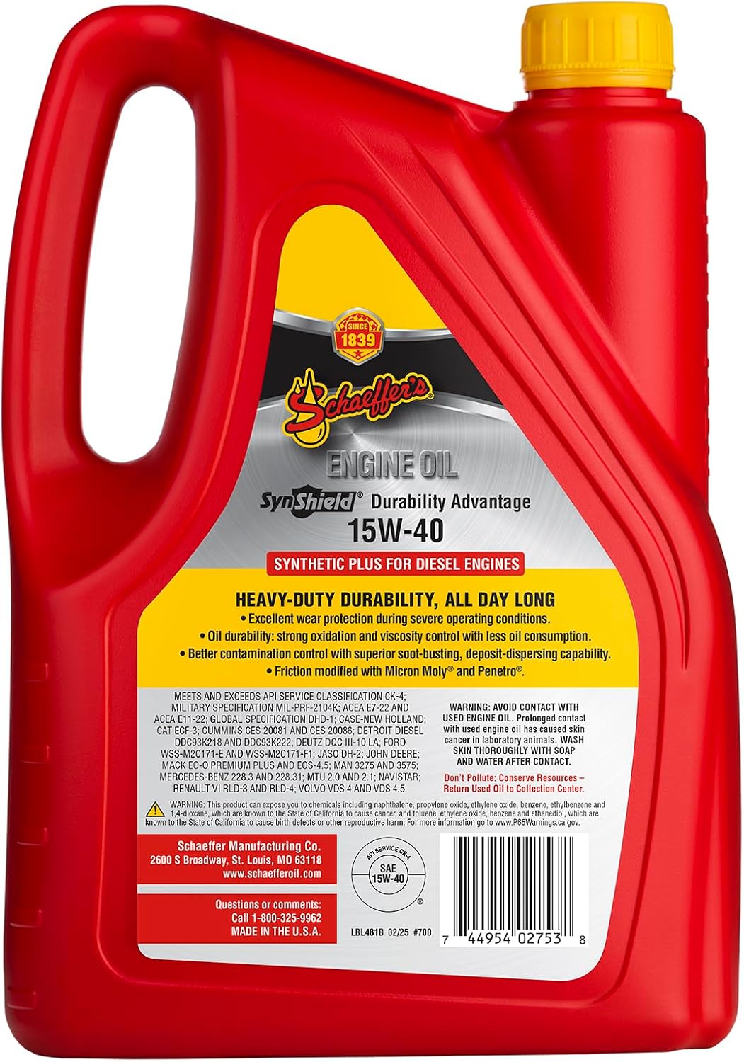 Schaeffer Manufacturing Co. 0700CK4-006S SynShield Durability Advantage 15W-40 Diesel Engine Oil, 1-Gallon Bottle