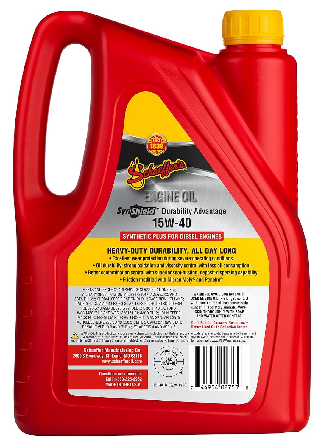 Schaeffer Manufacturing Co. 0700CK4-006 SynShield Durability Advantage Diesel Engine Oil 15W-40, 1-Gallon Bottle (Pack of 6)