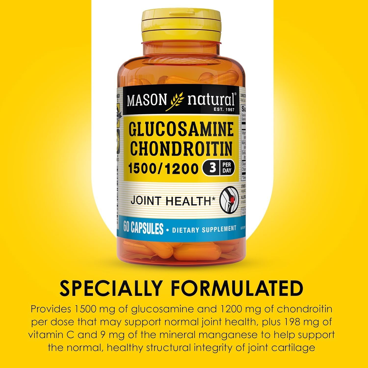 MASON NATURAL Glucosamine Chondroitin 1500/1200 & Vitamin C, 30 Day Supply | 1500mg glucosamine & 1200mg chondroitin with 198mg vitamin C & manganese to support joint cartilage, flexibility & mobility