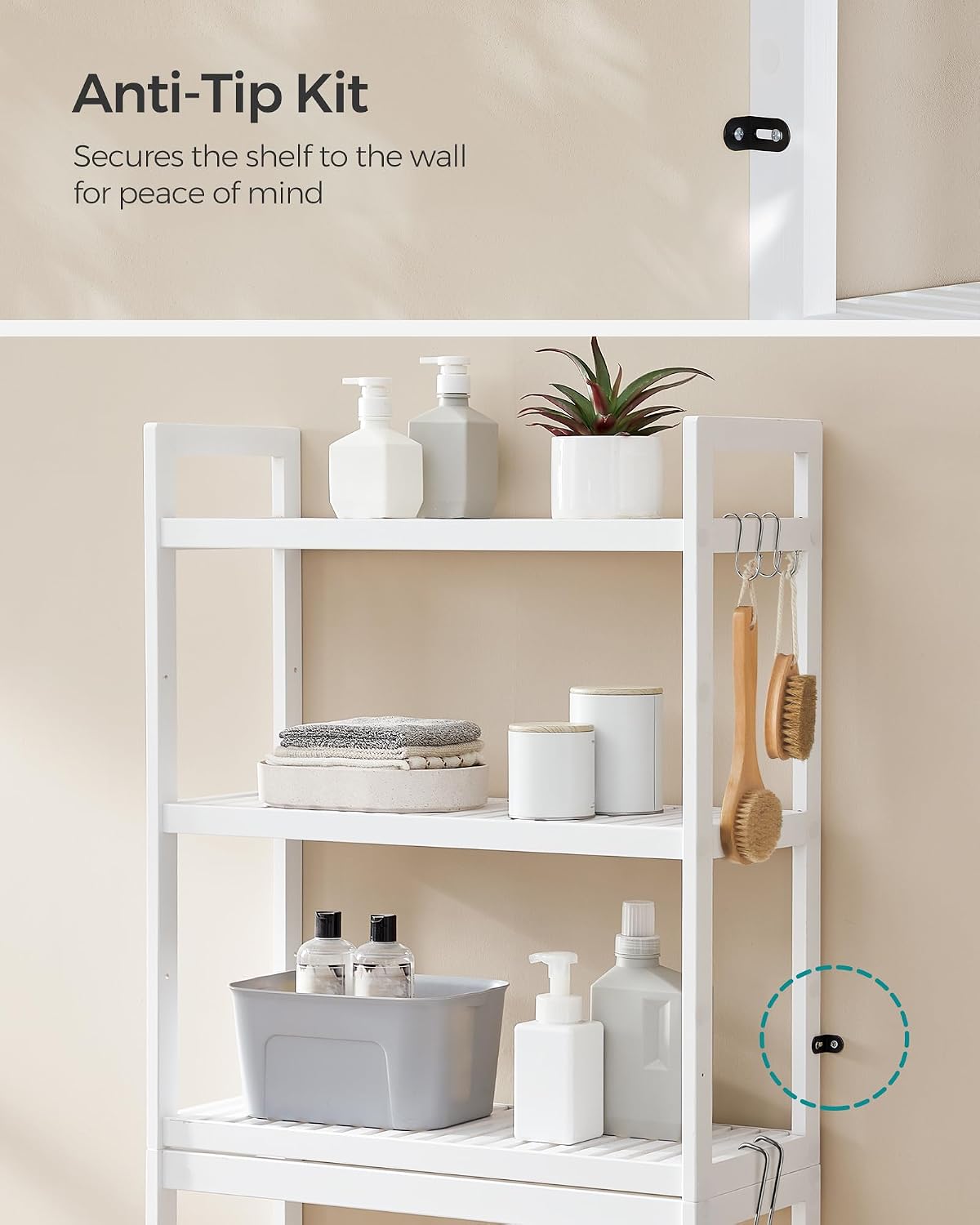 SONGMICS Over The Toilet Storage, 3-Tier Over Toilet Bathroom Organizer with Adjustable Shelf, 10.2 x 24.8 x 66.9 Inches, Space-Saving, Cloud White UBTS01WT