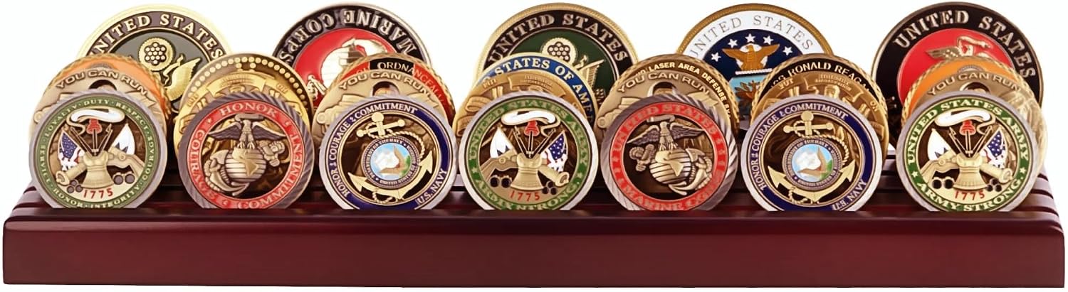 DisplayGifts Challenge Coin Display Stand 4 Row Wooden Holder Rack Case Holds 28 Coins Walnut Finish