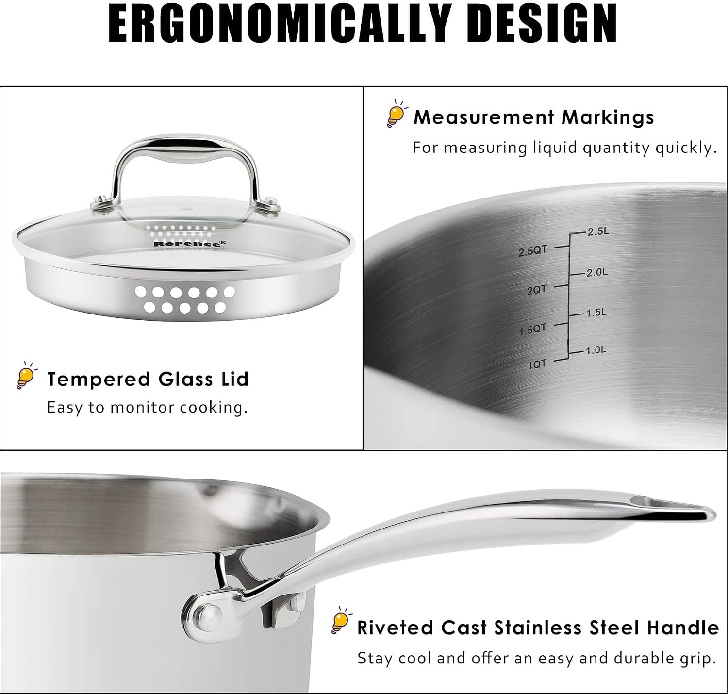 Rorence 3.7 Quart Stainless Steel Induction Sauce Pan with Lid | Stainless Steel Pot Saucepan with Pour Spout & Glass Lid with Strainer