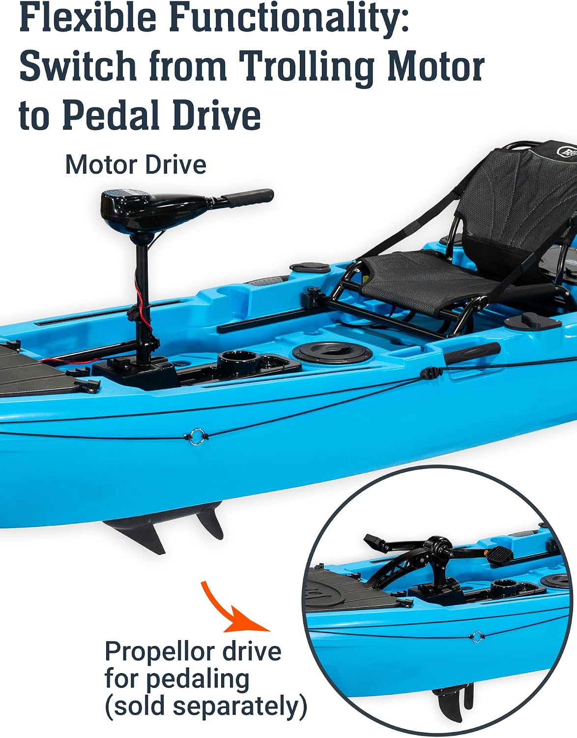 BKC Brooklyn 12.5 Pro Pedal Fishing Kayak, Propeller Drive | Hands-free propeller drive, rudder steering, 550 lb capacity, dry storage, rod holders, 12.5 ft sit-on-top hull