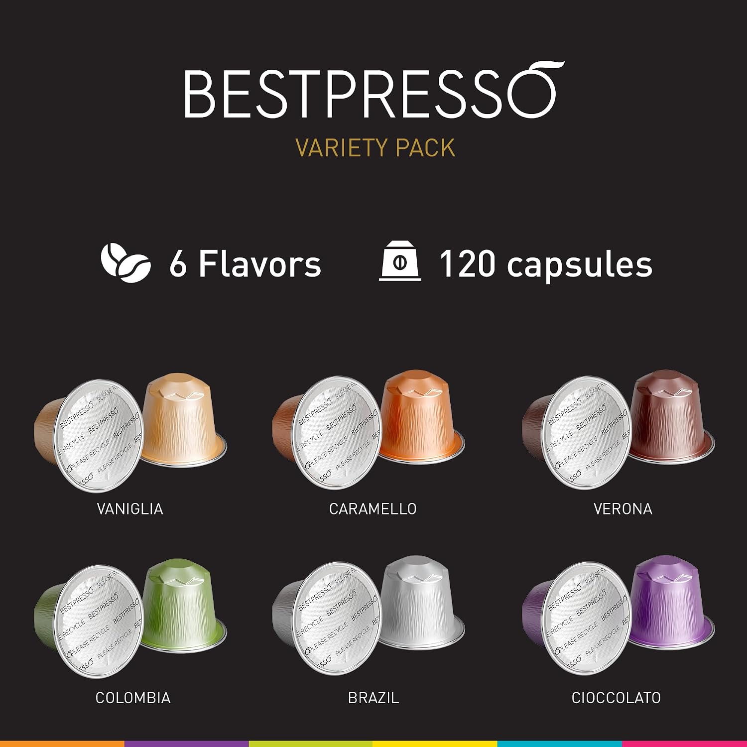 Bestpresso Coffee for Nespresso Original Machine 120 pods Certified Genuine Espresso Variety Pack includes one pack of decaf coffee
