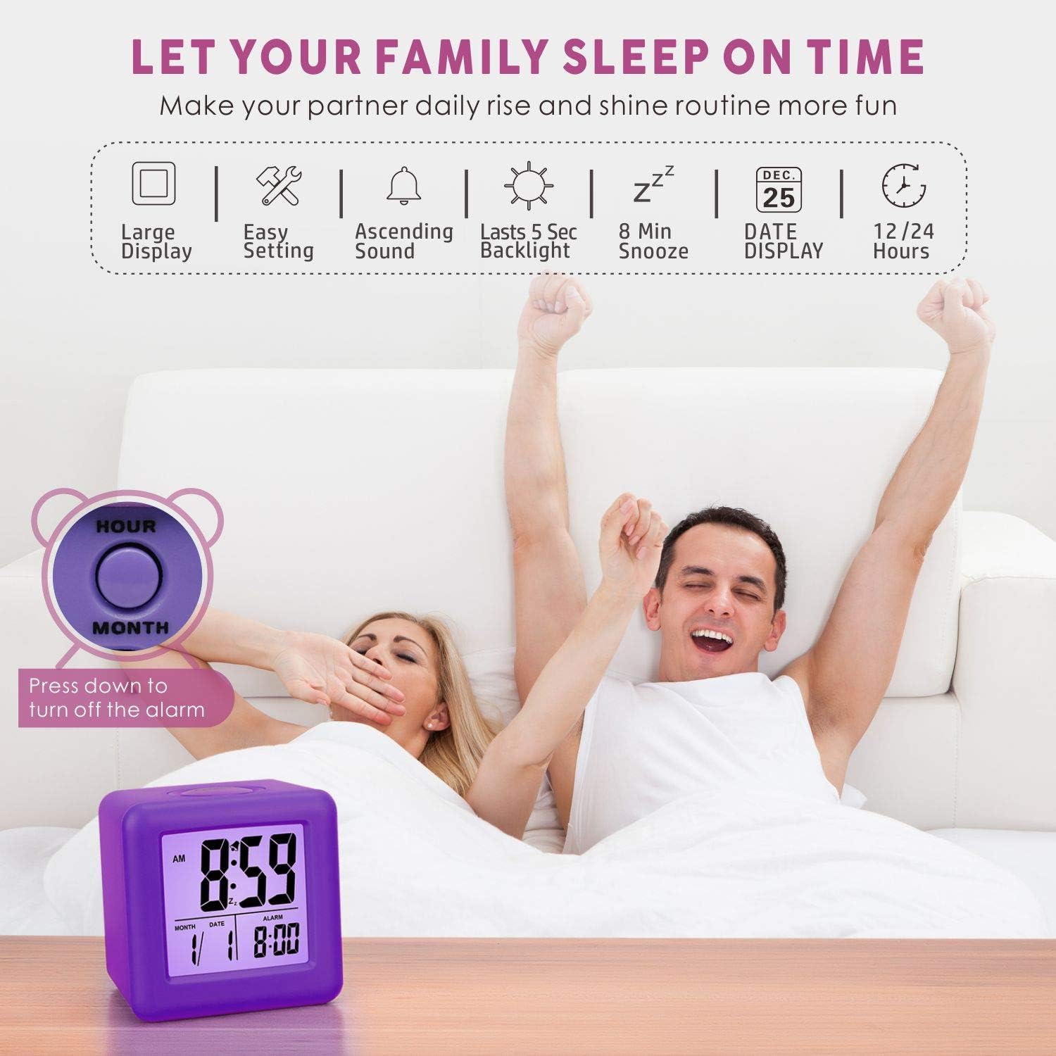 Plumeet Digital Alarm Clock Kids Clock with Snooze and White Nightlight - Easy Setting Travel Alarm Clocks Display Time, Date