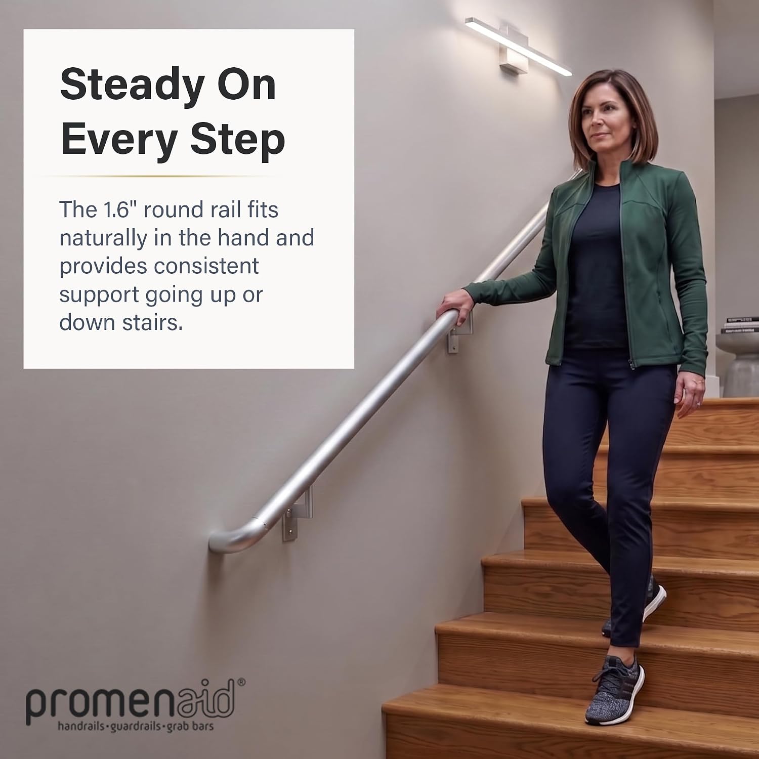 Promenaid Silver 5ft ADA Handrail Kit - Complete Indoor/Outdoor Stair Handrail - 1.6" Round Satin-Anodized Aluminum Railing with 3 Silver Painted