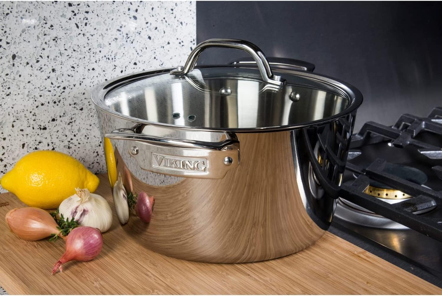 Viking Contemporary 3-Ply Dutch Oven, 5.2 Quart Stainless Steel Cookware Pot with Glass Lid, Dishwasher and Oven Safe, Induction Ready, Silver