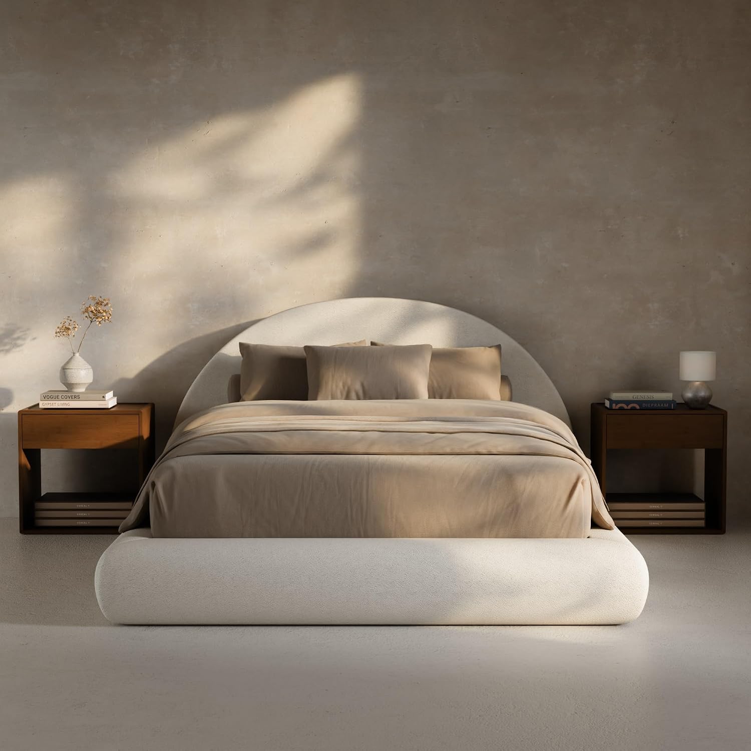 RECCI AirFrame Half-Moon Upholstered Queen Platform Bed Frame | Velvet Curved Arched Base, 6-Inch Thickness Headboard, 5 Inch Fully Round Cushioned Foam, No Box Spring Needed, Easy Assembly