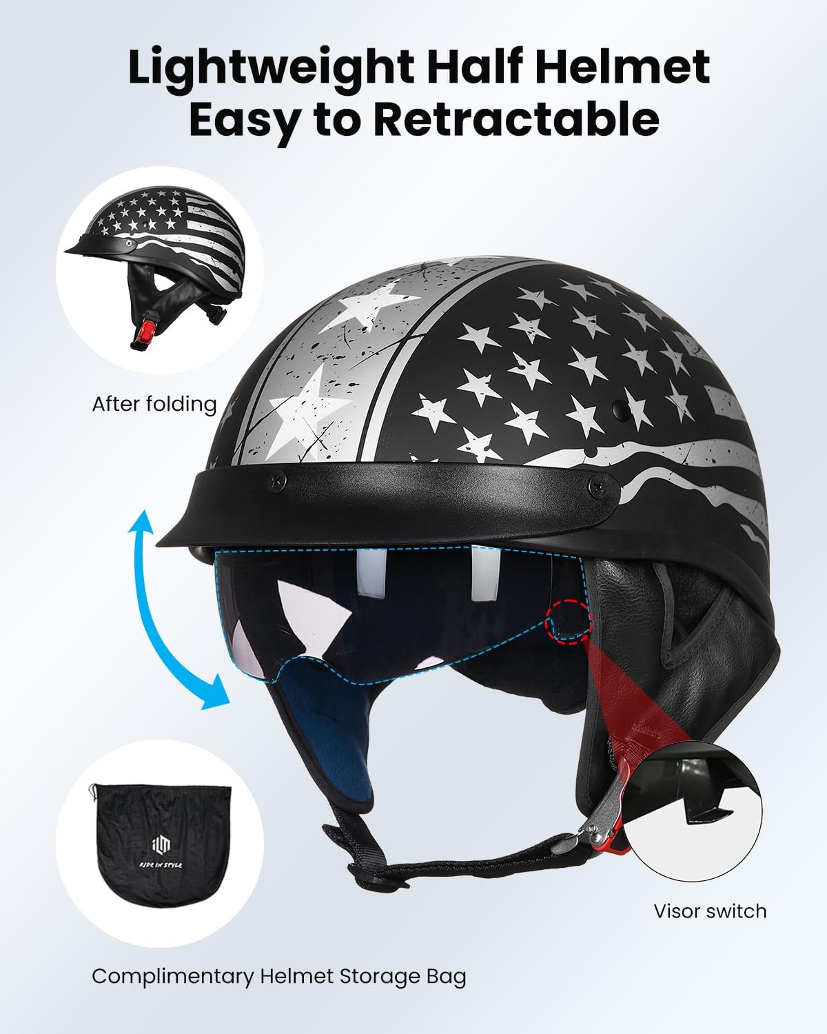 ILM Half Helmet Motorcycle Open Face Sun Visor Quick Release Buckle DOT Approved Cycling Motocross Suits Men Women 205V (M, Matt Black)
