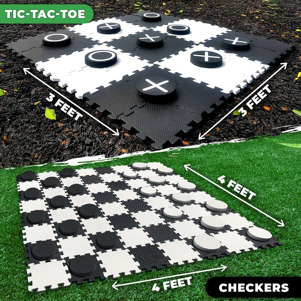 Swooc Games® - 2-in-1 Premium Giant Checkers & Tic Tac Toe Game (4ft x 4ft) - 100% High Density EVA Foam Mat & Pieces - Extra Large Checkers Set