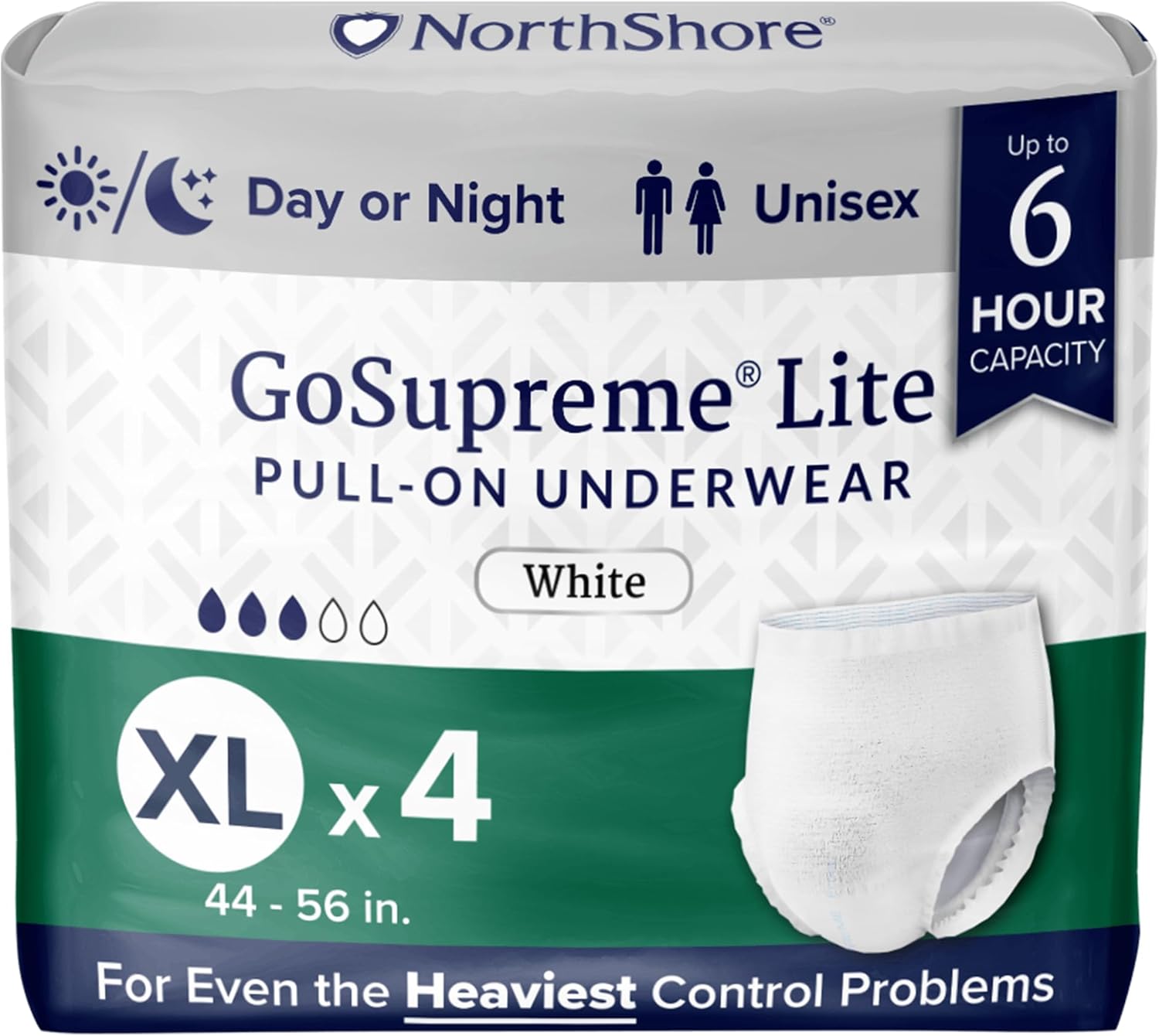 NorthShore GoSupreme Lite 6-Hour Daytime Underwear, White, Medium, 14 Count