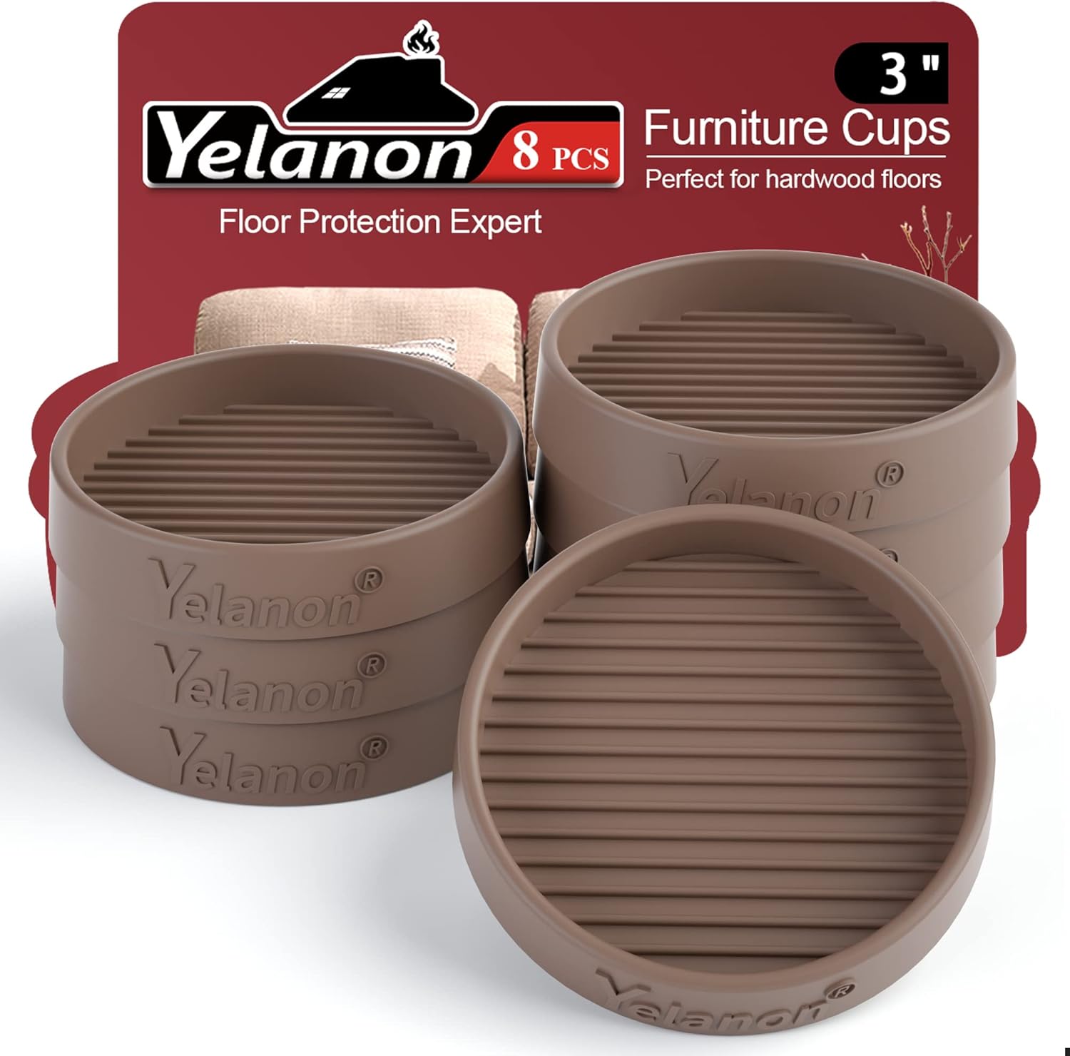 Yelanon Furniture Coasters 8 Pcs 3" Square Brown Caster Cups for Hardwood