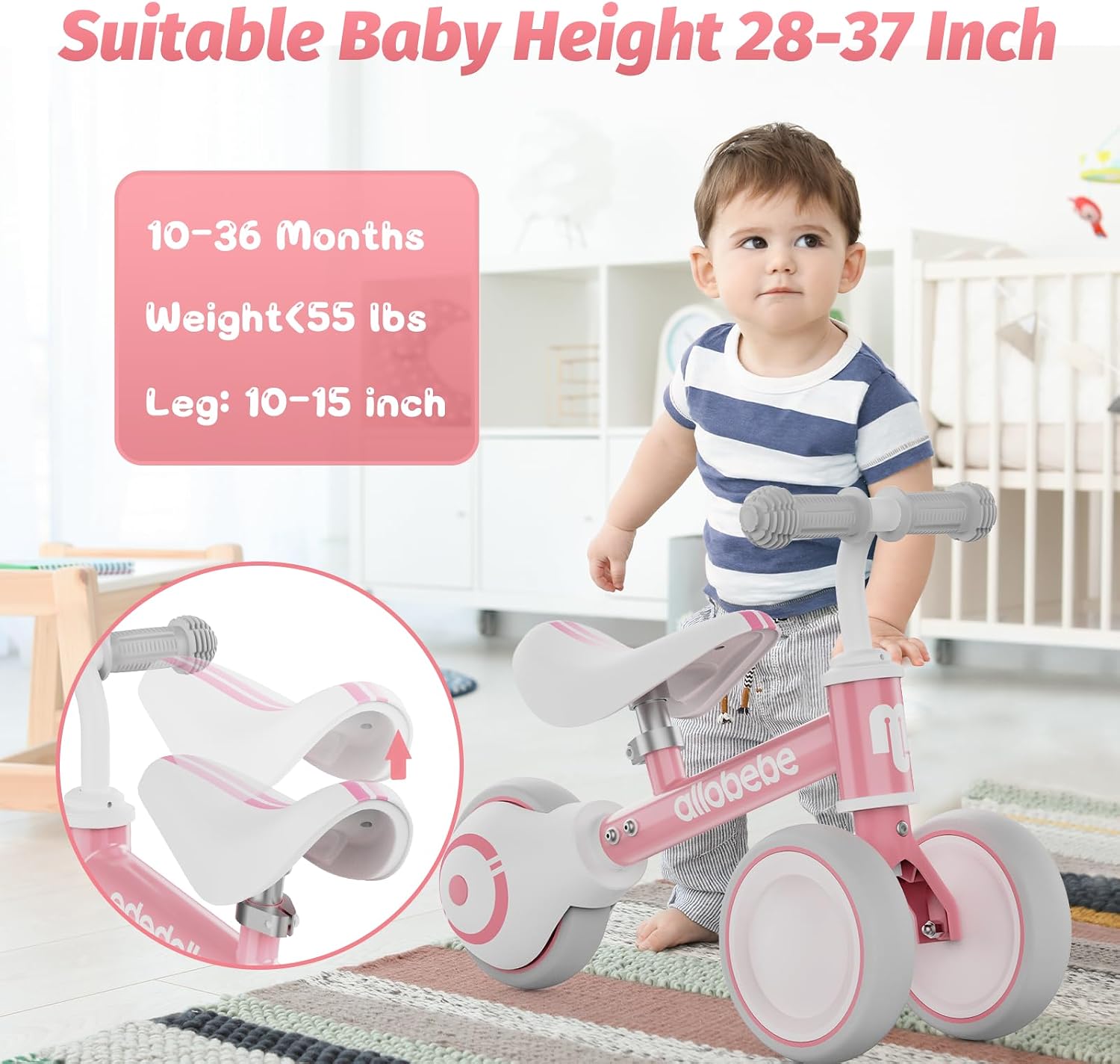 Baby Balance Bike, Cute Toddler Bikes 12-36 Months Gifts for 1 Year Old Girl Bike to Train Baby from Standing to Running with Adjustable Seat Silent & Soft 3 Wheels