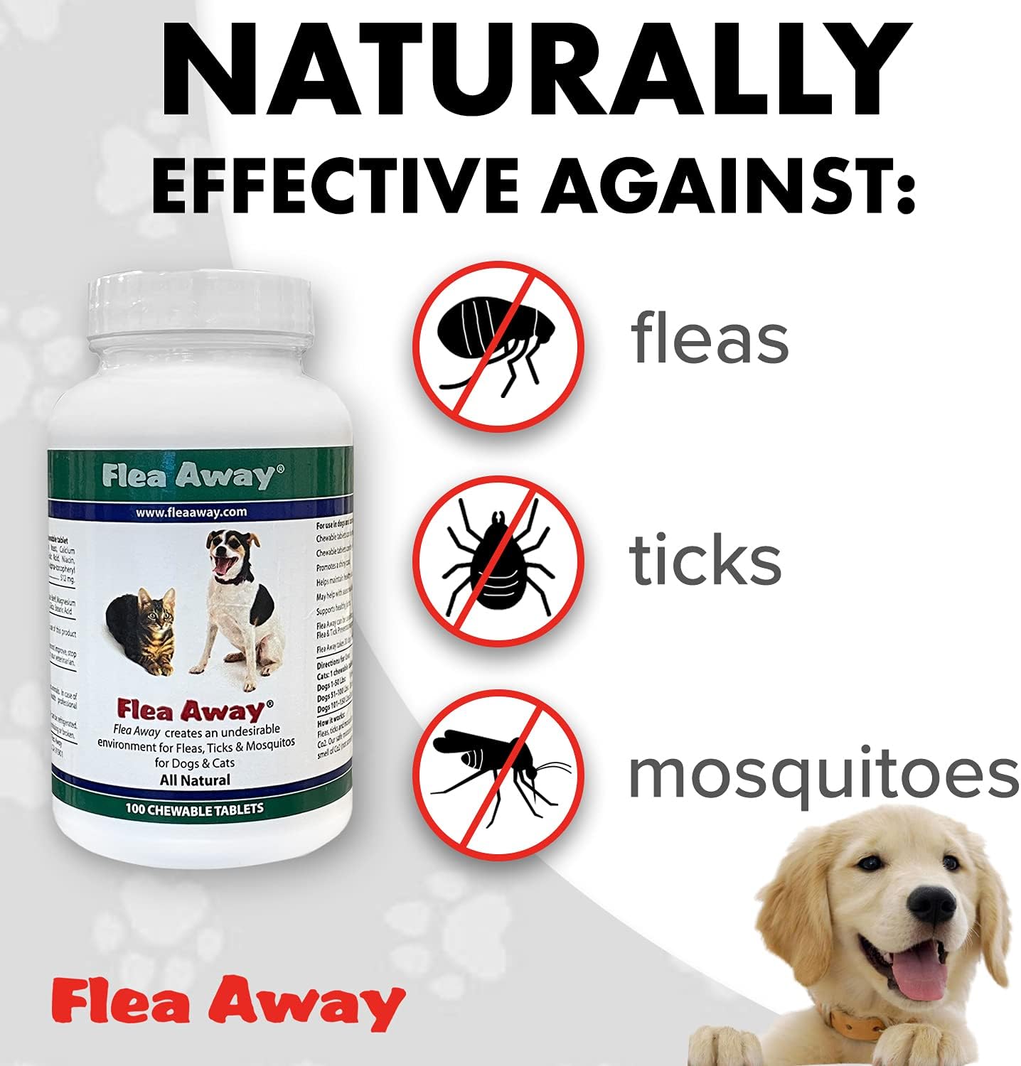 Flea Away All Natural Supplement for Fleas, Ticks, and Mosquitos Prevention for Dogs and Cats, 100 Chewable Treat Tablets, Single