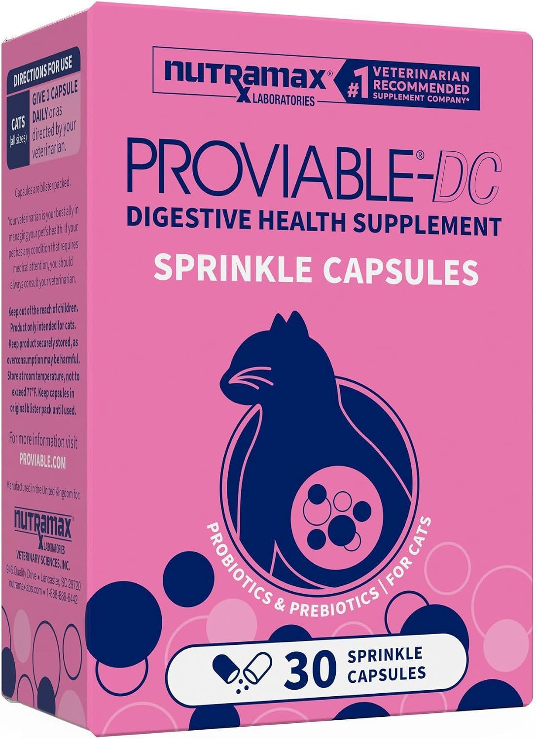 Nutramax Proviable Probiotics + Prebiotics, for Dogs & Cats, Capsules, 80ct | Probiotics and Prebiotics for Cats and Dogs, Daily Gut Health Support Supplement, Multiple Strains, Sprinkle on Food