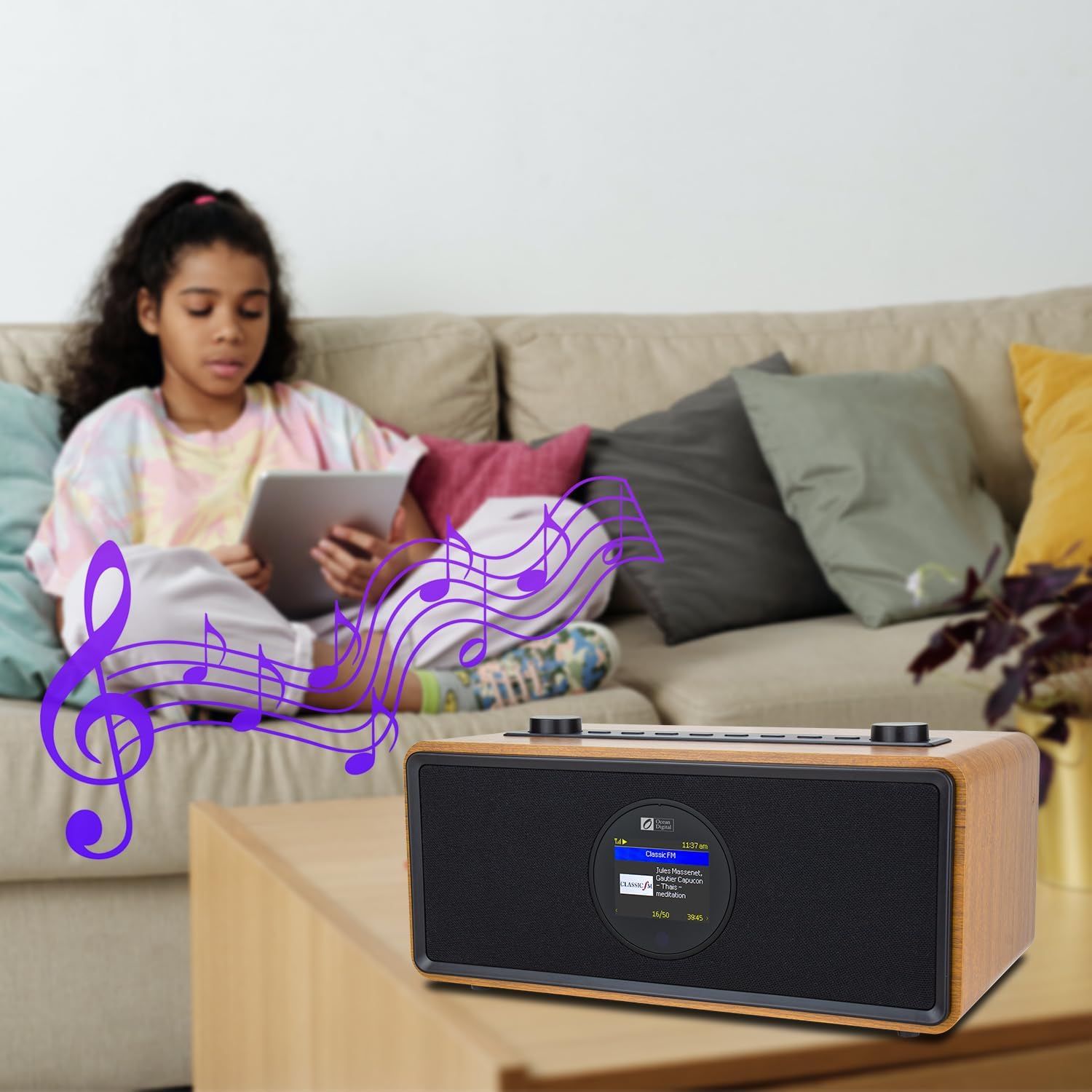 Ocean Digital WR-860 FM Wi-Fi Internet Radio with Stereo Speakers, Alarm Clock, Sleep Timer, Line Out, Aux in, Stress Relief, Relaxation and Sleep Aid