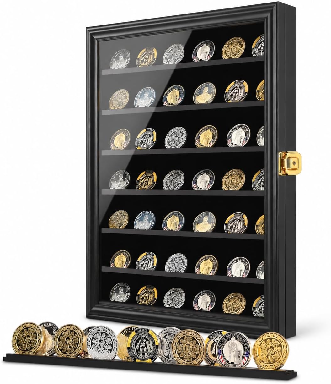 Jinchuan Military Challenge Coin Display Case Lockable Cabinet Rack Holder Shadow Box with Removable 2 Grooves Shelves and Anti Dust Door for Casino