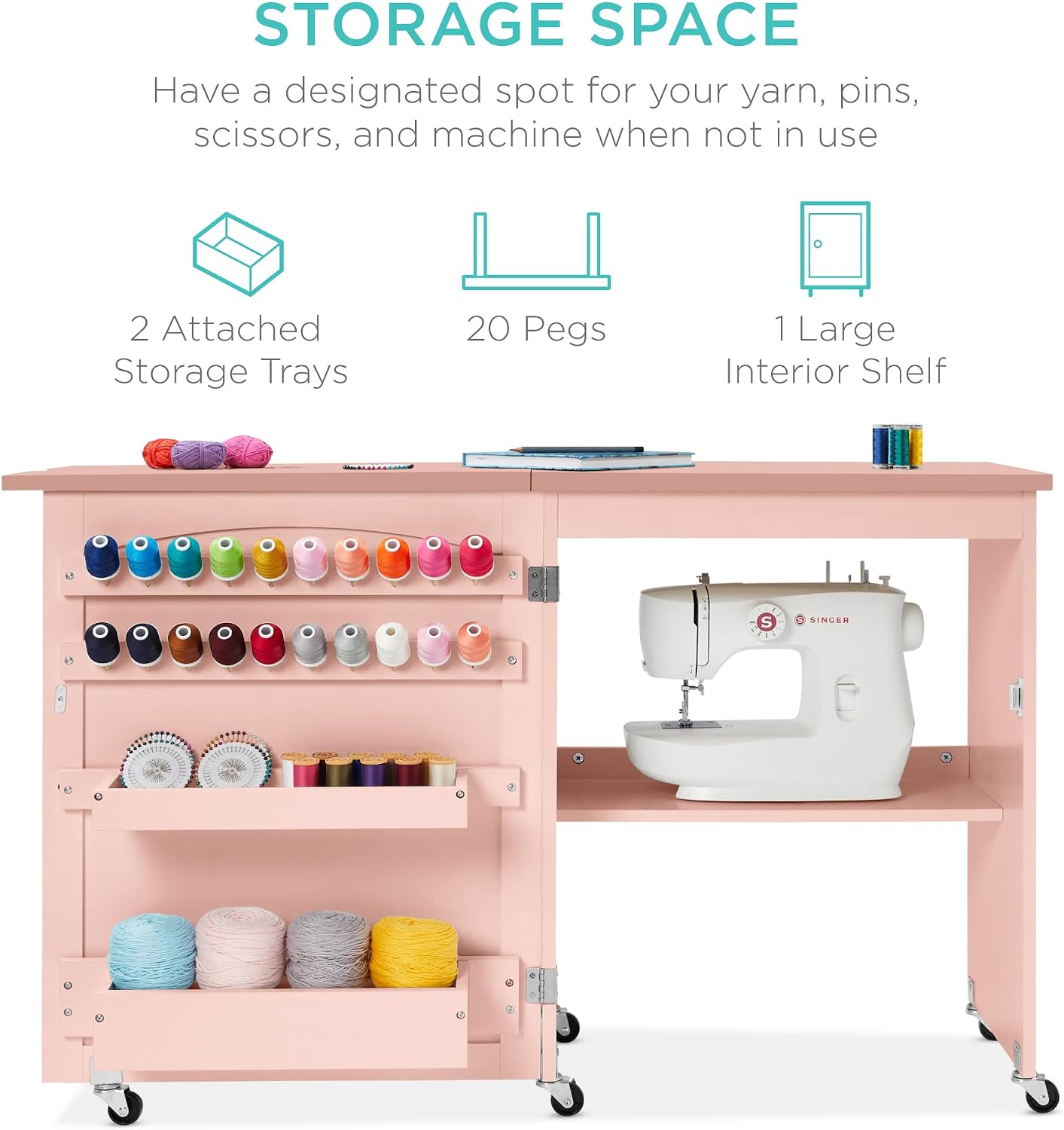 Best Choice Products Folding Sewing Table Multipurpose Craft Station & Side Desk with Compact Design, Wheels, Shelves, Storage Trays, Pegs