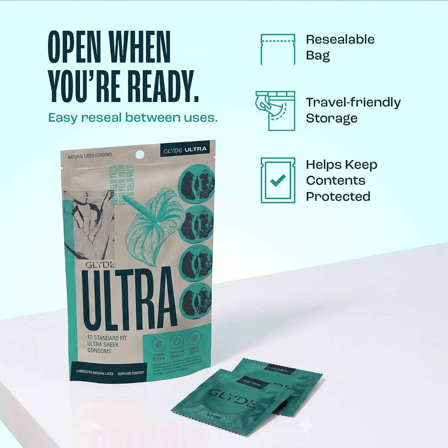 GLYDE Ultra Standard Fit Condoms - Ultra-Thin Medium Size - 12 Count, 53mm | Fragrance-Free, Lightly Lubricated, Body-Friendly, Vegan Formula Condoms, Strong and Secure Fit for Comfort and Natural Feel