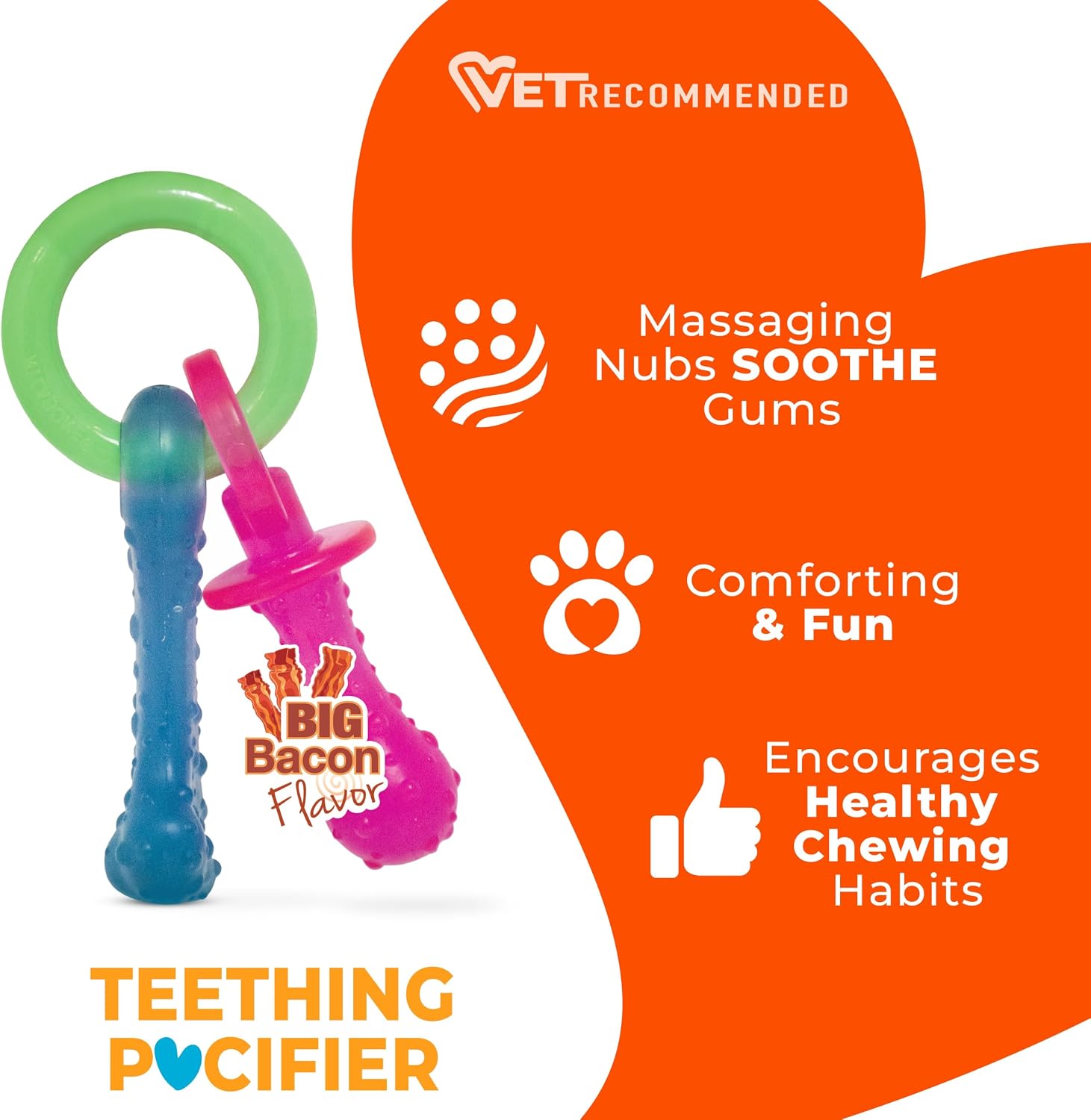 Nylabone Puppy Pacifier Chew Toy, Teething Toys for Puppies up to 25 lbs | Puppy teething toys with bacon flavor, soft material, textured nubs massage gums