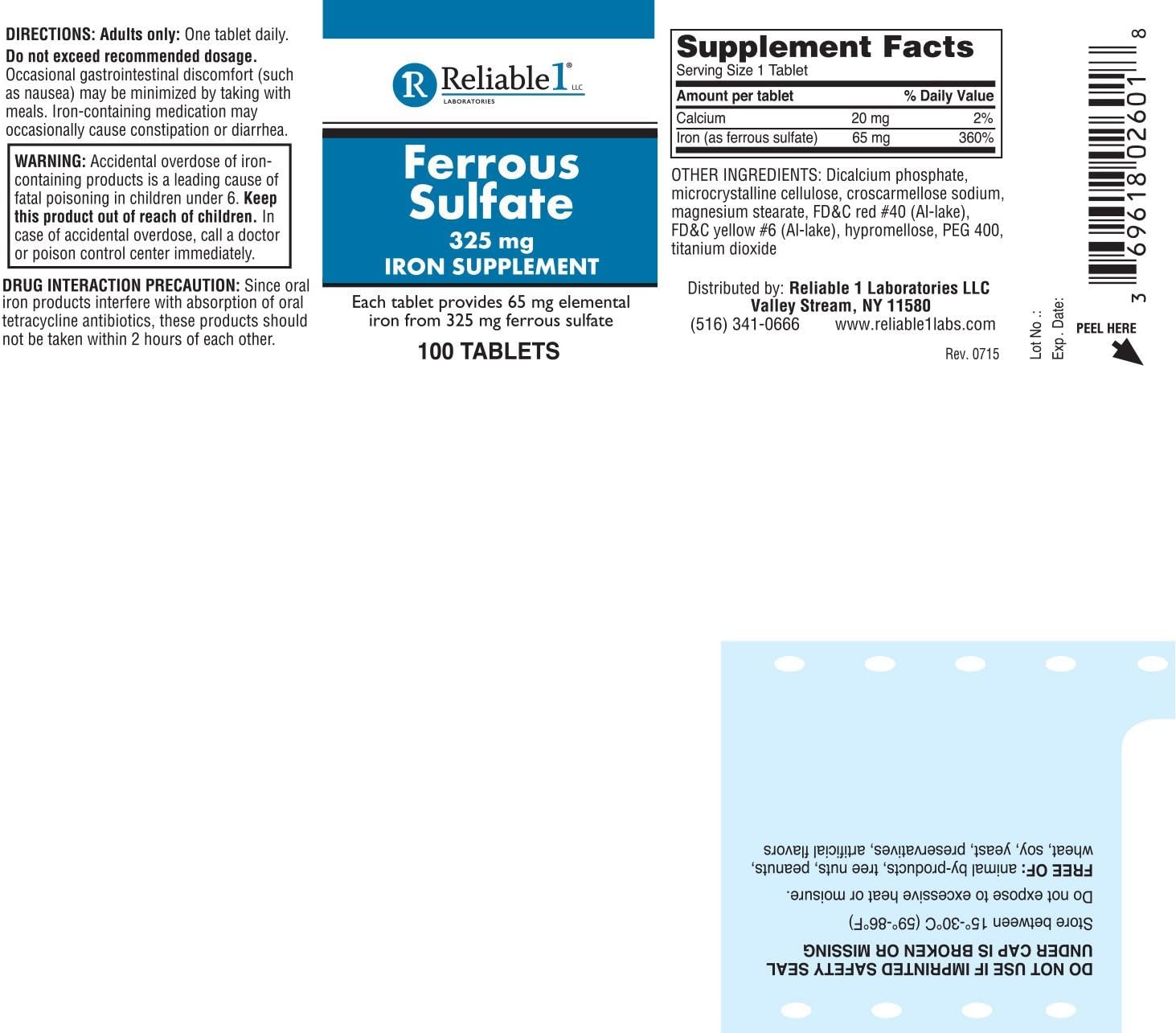 Reliable 1 Ferrous Sulfate 325mg 100 Red Tablets (2 Bottles)