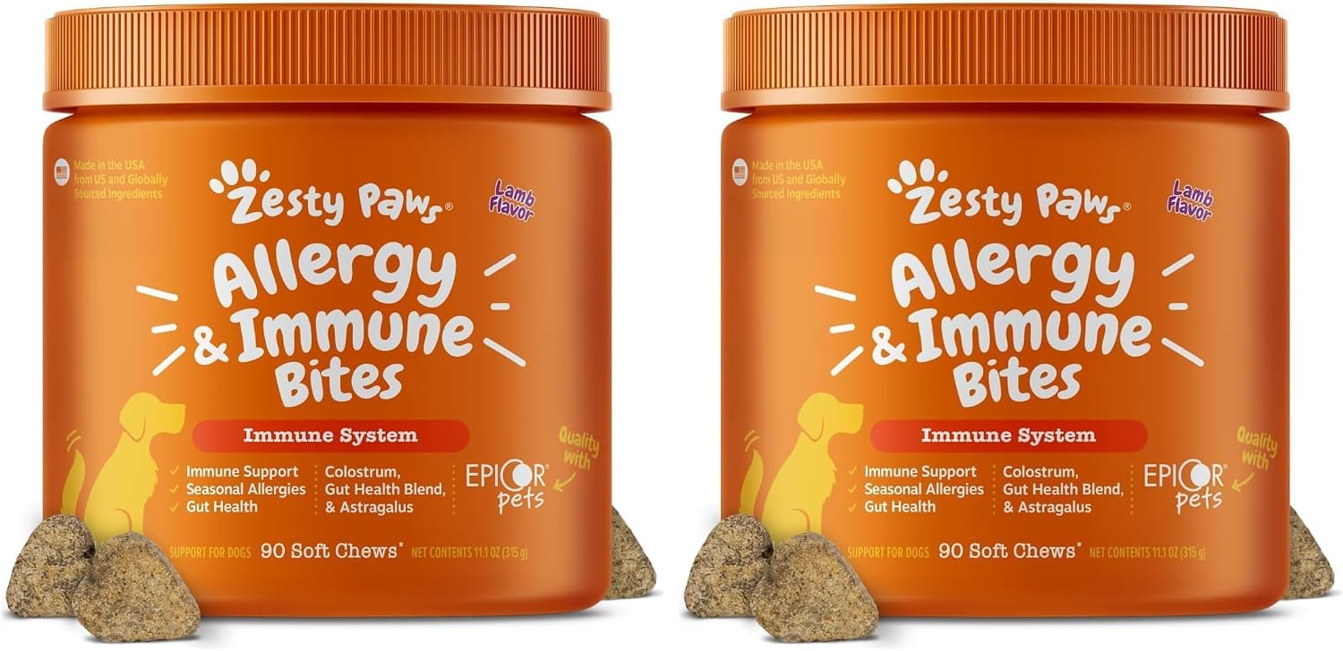 Zesty Paws Allergy Immune Bites - Dog Allergy Chews, Dog Probiotics for Itchy Skin and Ears, Lamb, 90ct