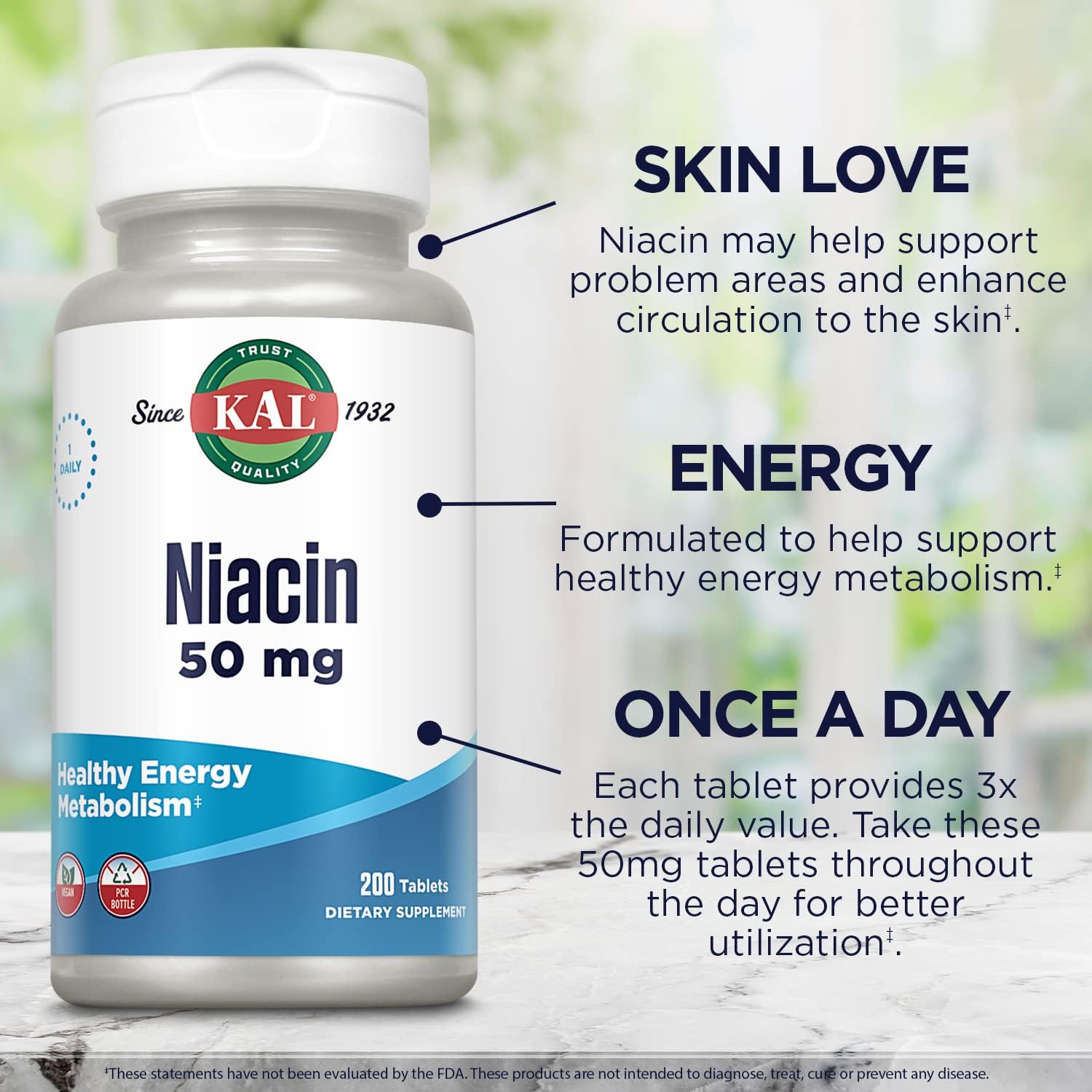 Kal 50 Mg Niacin Tablets, 200 Count | Healthy Metabolism, Skin, Nerve & Digestive Support - Vitamin B3 - 200 Servings - Vegetarian, Lab Verified