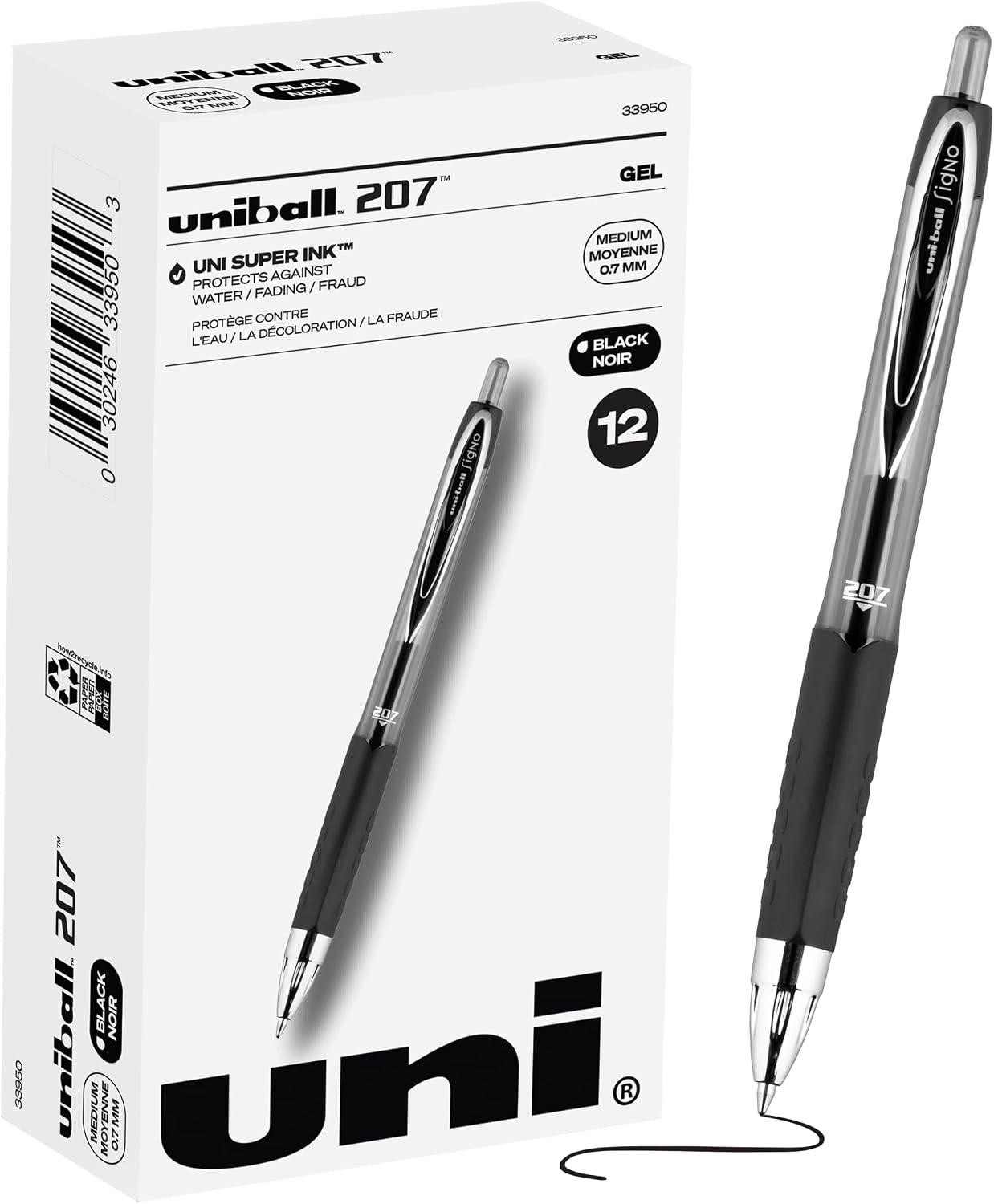 uniball™ 207 Gel Pens, Black Ink, 0.7mm Medium Point, Retractable, 12 Count | Smooth Writing, Fraud-Resistant, uni Super Ink™