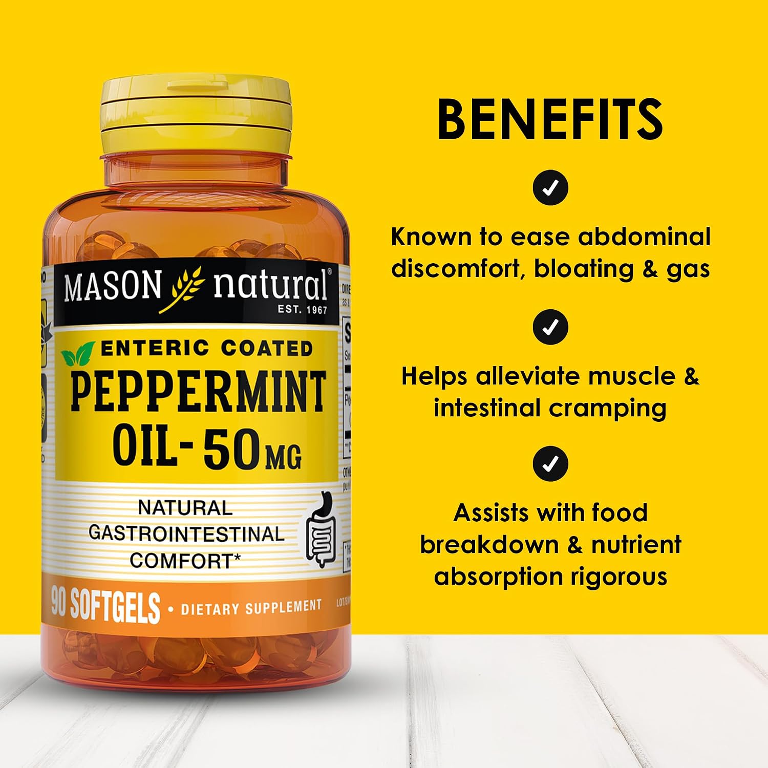 MASON NATURAL Peppermint Oil 50 mg Enteric Coated Softgels, 90 Day Supply | 50mg pure peppermint oil, enteric coated to dissolve in the intestines, to ease bloating & gas and support normal digestion